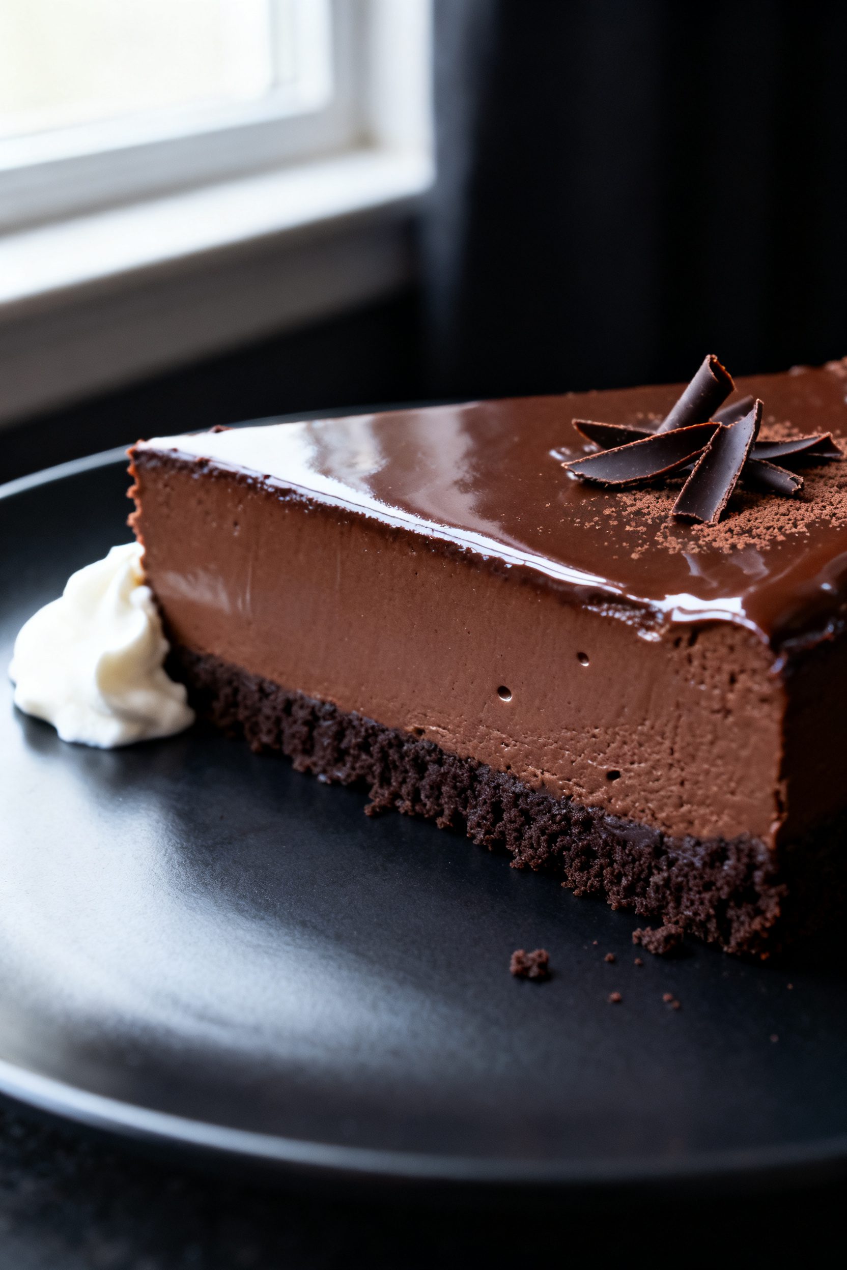 Close-up detail: A glossy slice of air fryer chocolate cheesecake on a matte black plate, showing th