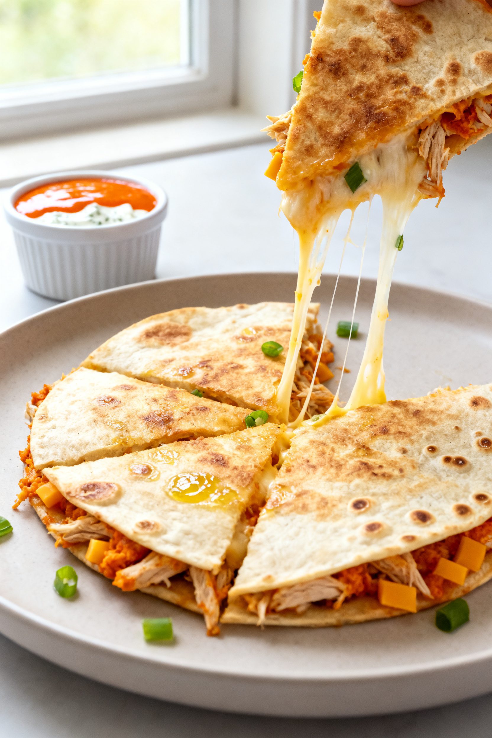 Close-up detail: A golden, air-fried Buffalo chicken quesadilla wedge just after slicing, cheese pul