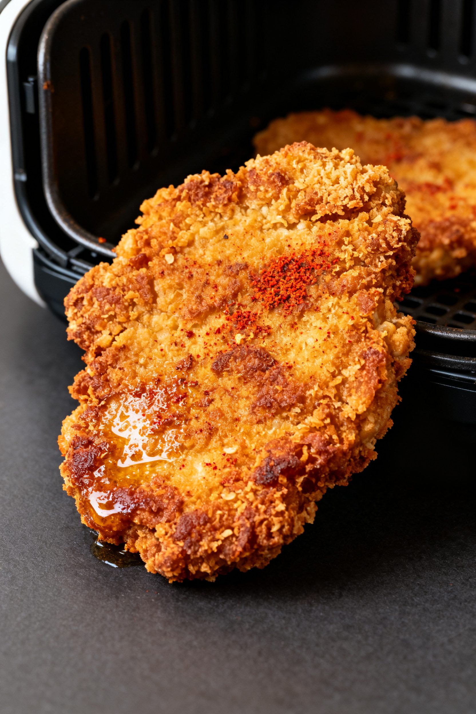 Close-up detail: A golden, air-fried chicken fried steak just out of the basket, crust deeply browne