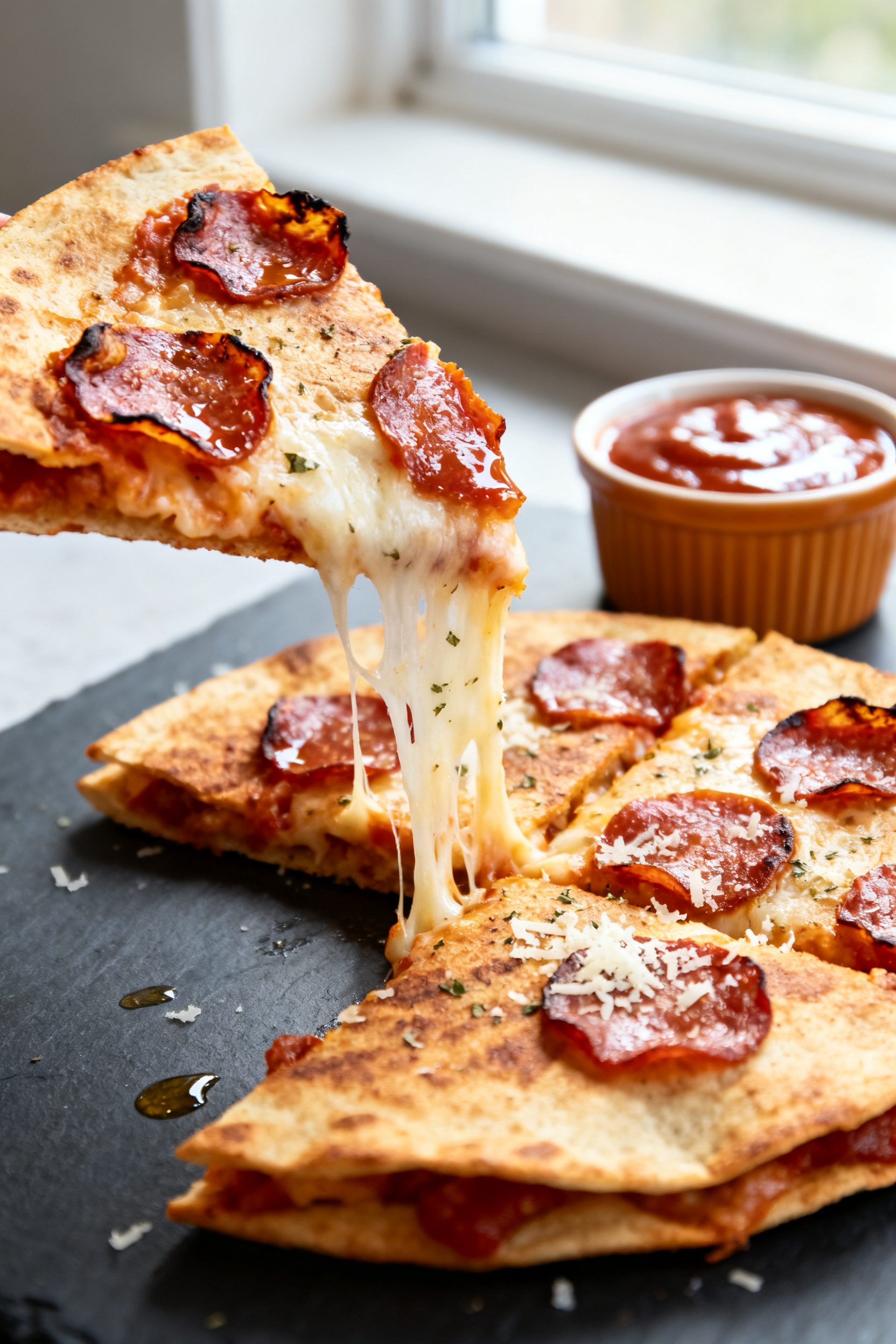 Close-up detail: A golden, air-fried pepperoni pizza quesadilla just sliced, showing a dramatic mozz
