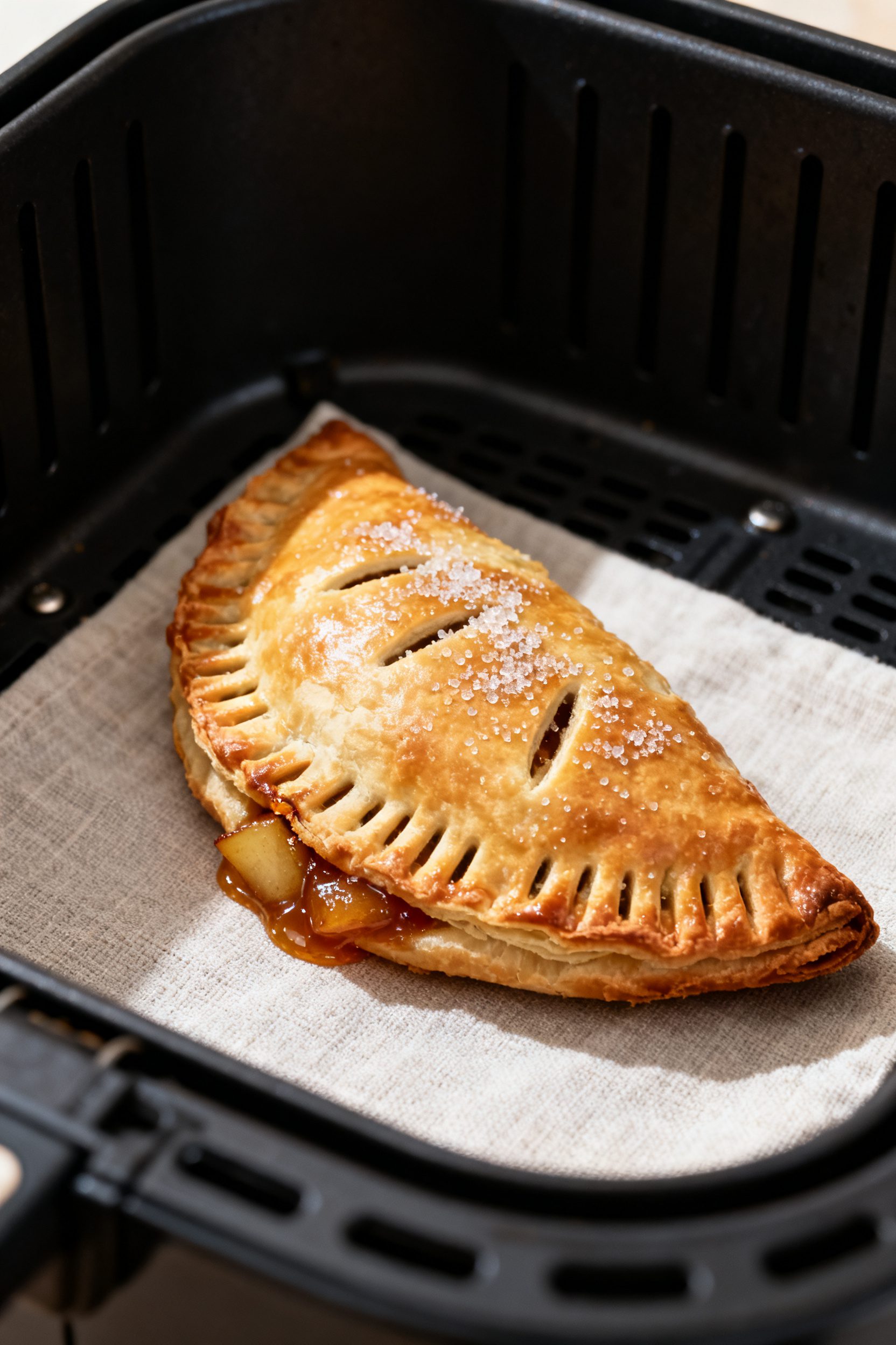 Close-up detail: A golden-brown air fryer apple turnover just out of the basket, crisp flaky pie-cru