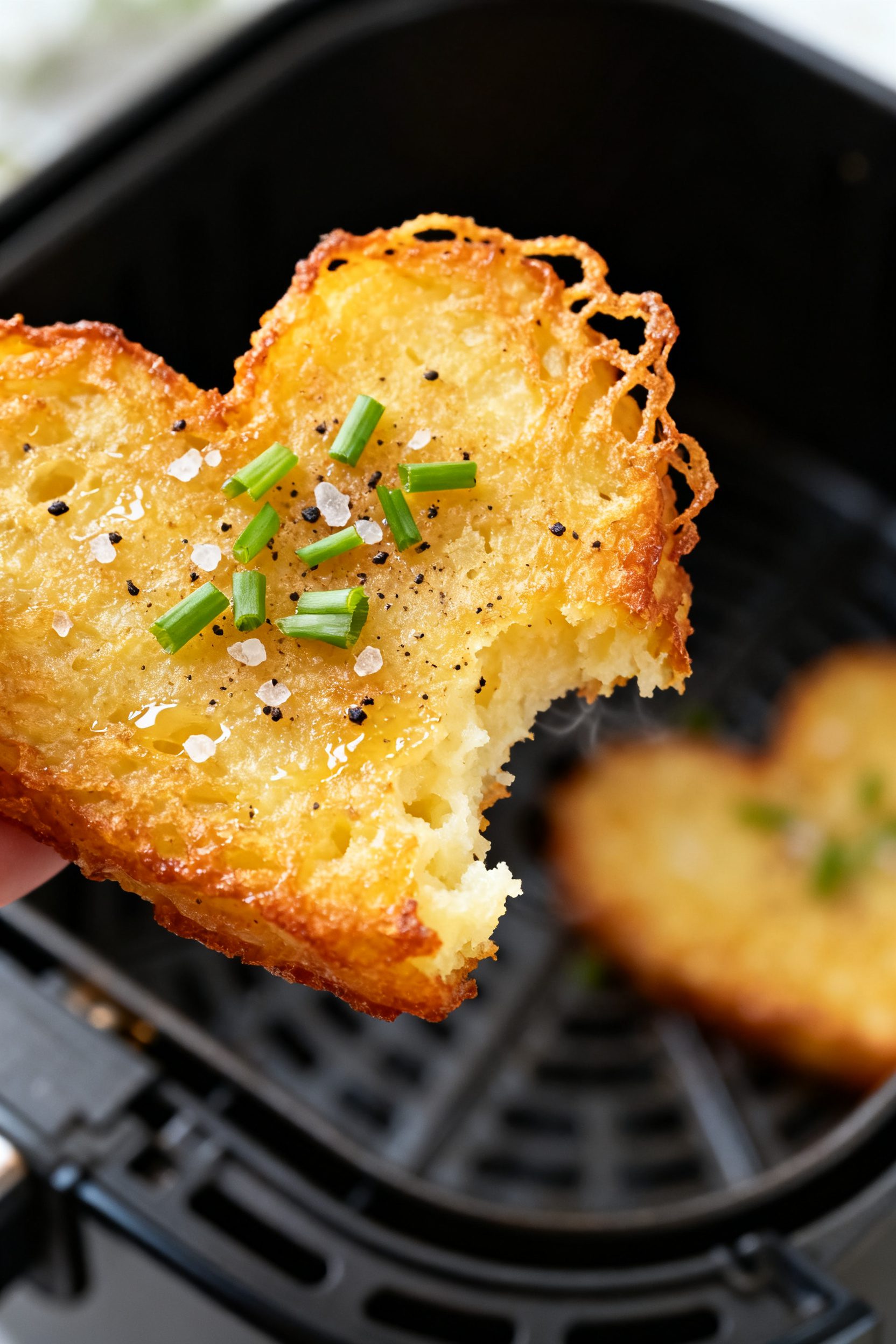 Close-up detail: A golden-brown heart-shaped hash brown just out of the air fryer, crisp lacy edges 