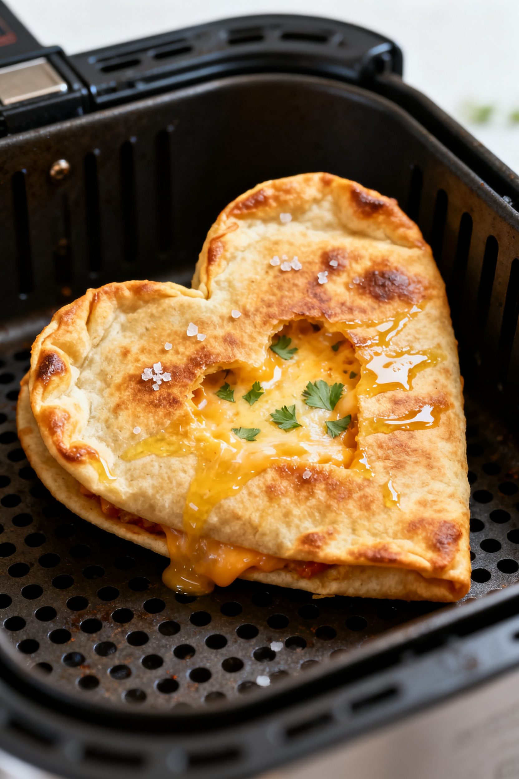 Close-up detail: A golden, heart-shaped quesadilla just out of the air fryer, edges perfectly sealed