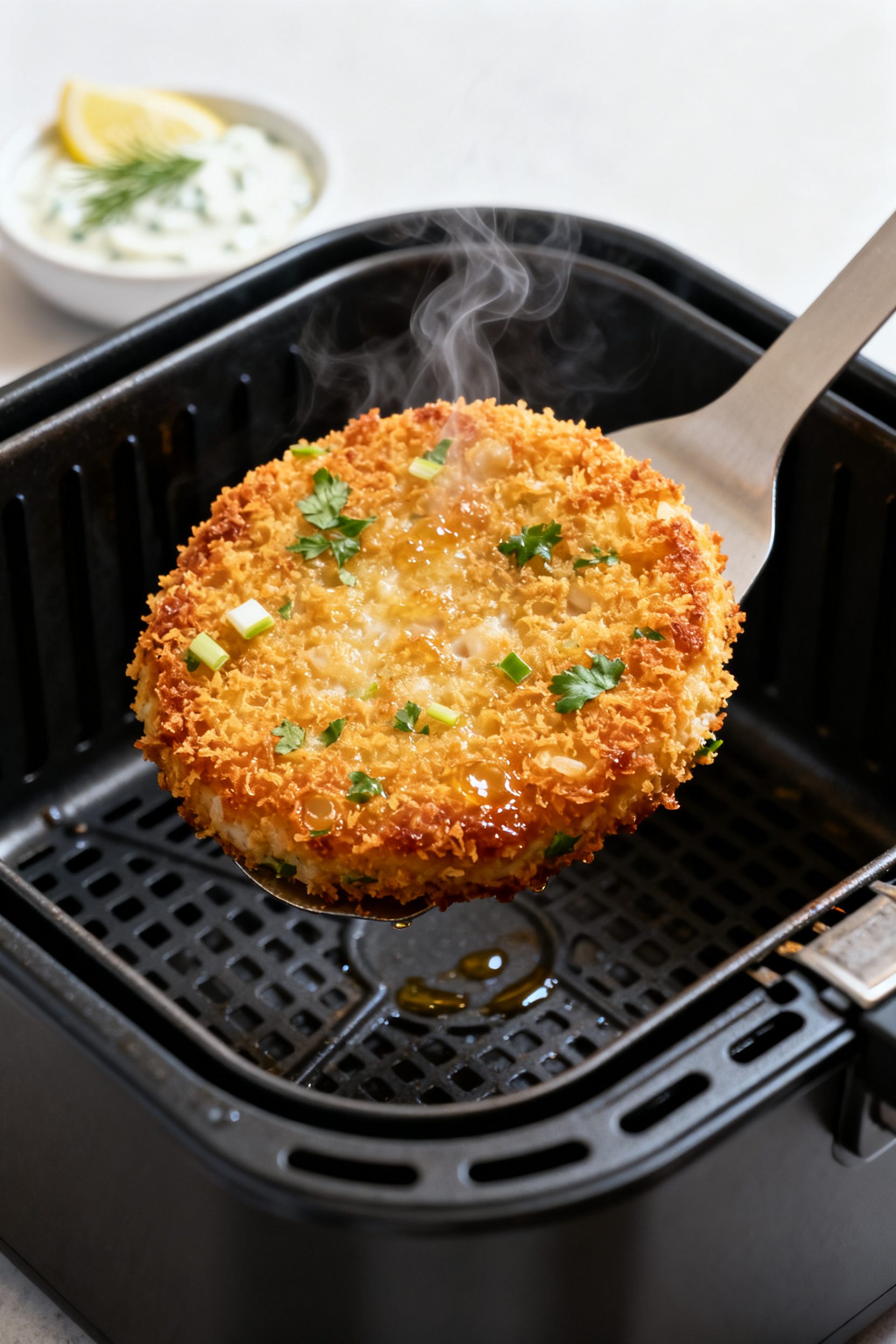 Close-up detail: A golden, panko-crusted air fryer fish cake just out of the basket, flipped side up