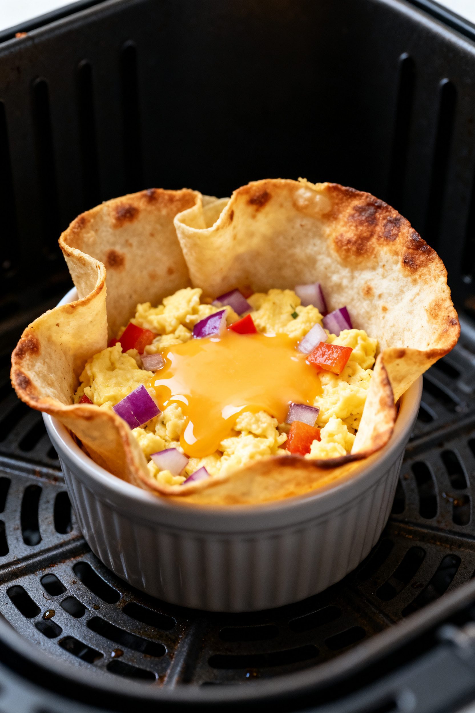 Close-up detail: A golden, par-crisped flour tortilla bowl in a small oiled ramekin just out of the 