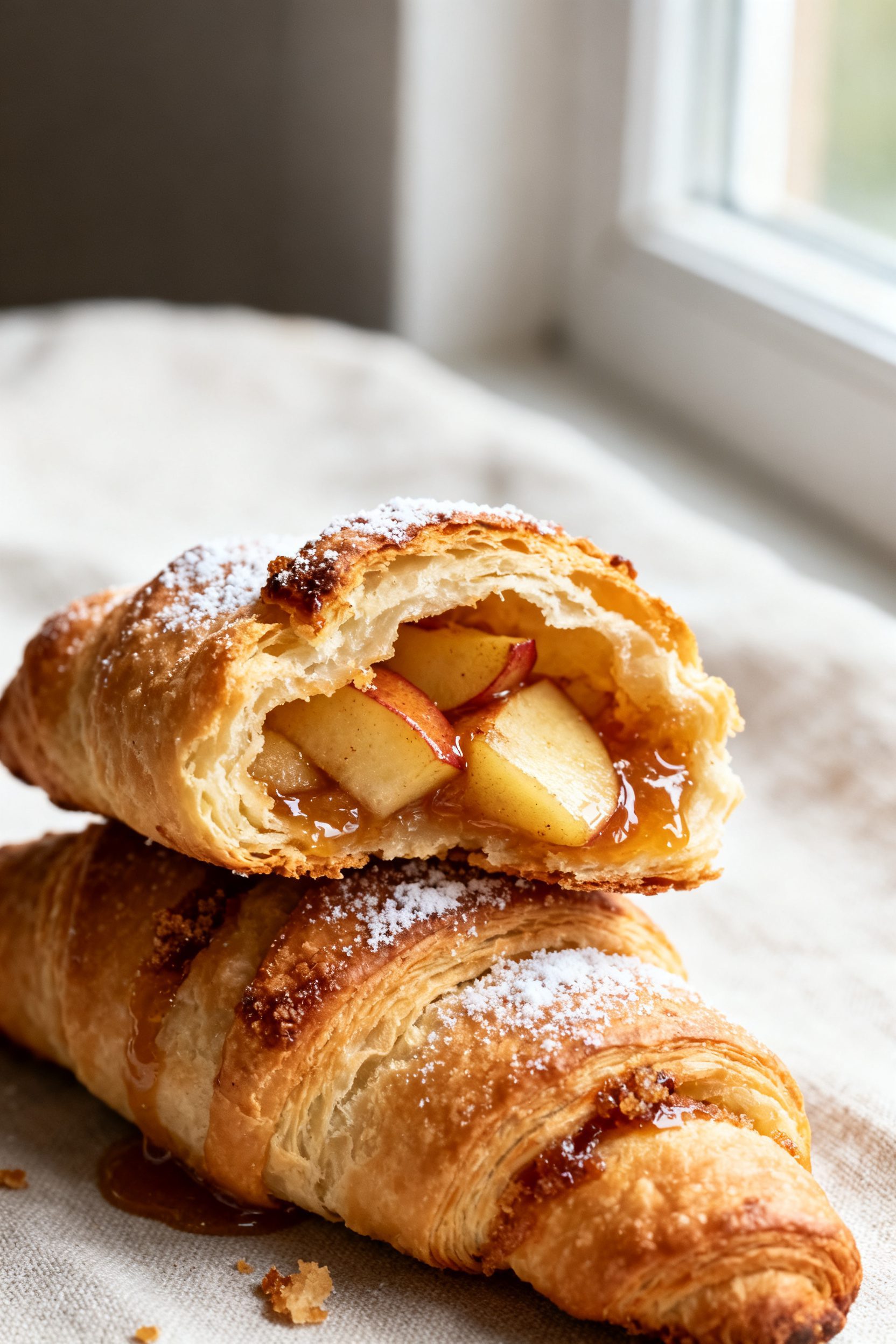 Close-up detail: A just-air-fried apple crescent roll torn open to reveal gooey cinnamon-buttered ap