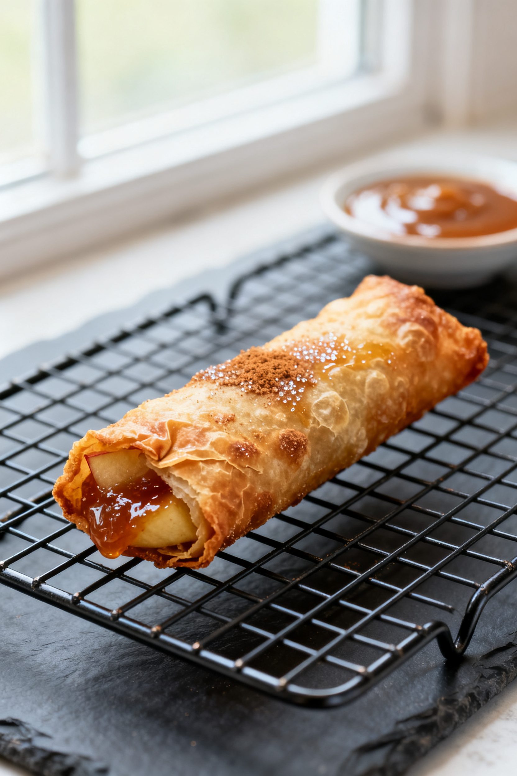 Close-up detail: A just-air-fried apple pie egg roll held seam-side up on a wire rack, its blistered