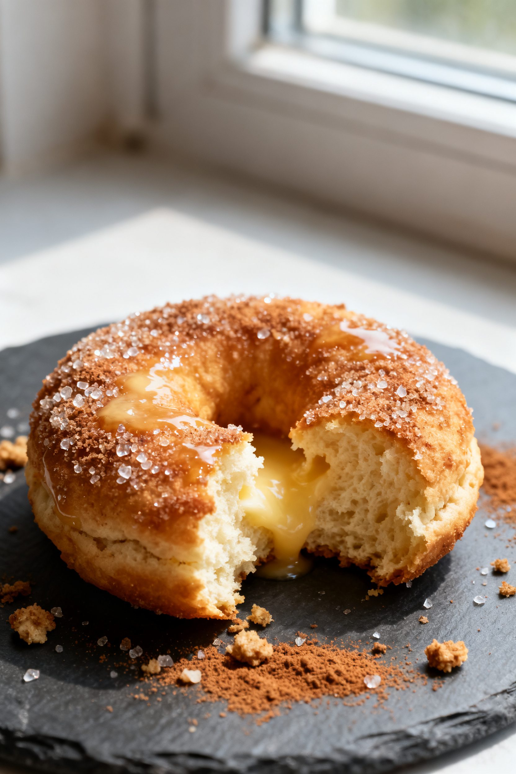 Close-up detail: A just-air-fried biscuit donut torn open to reveal a soft, tender crumb with a cris