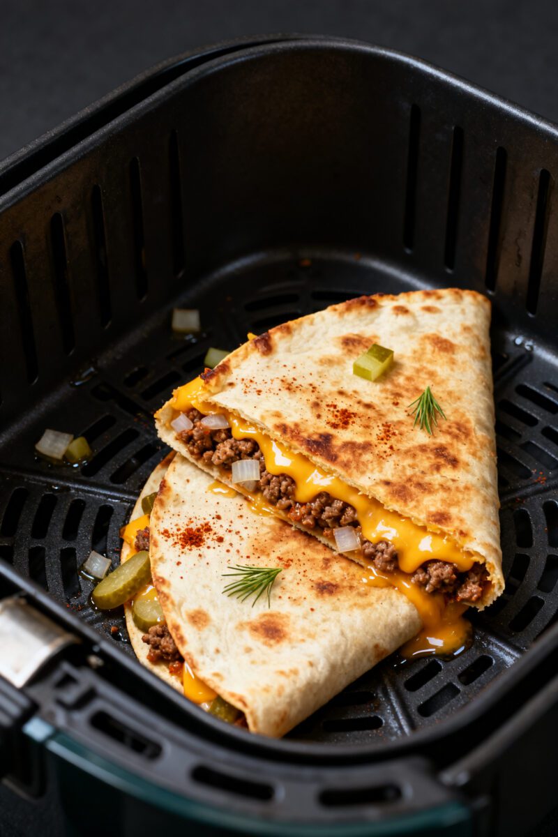 Close-up detail: A just-air-fried cheeseburger quesadilla half-moon resting in an open air fryer bas