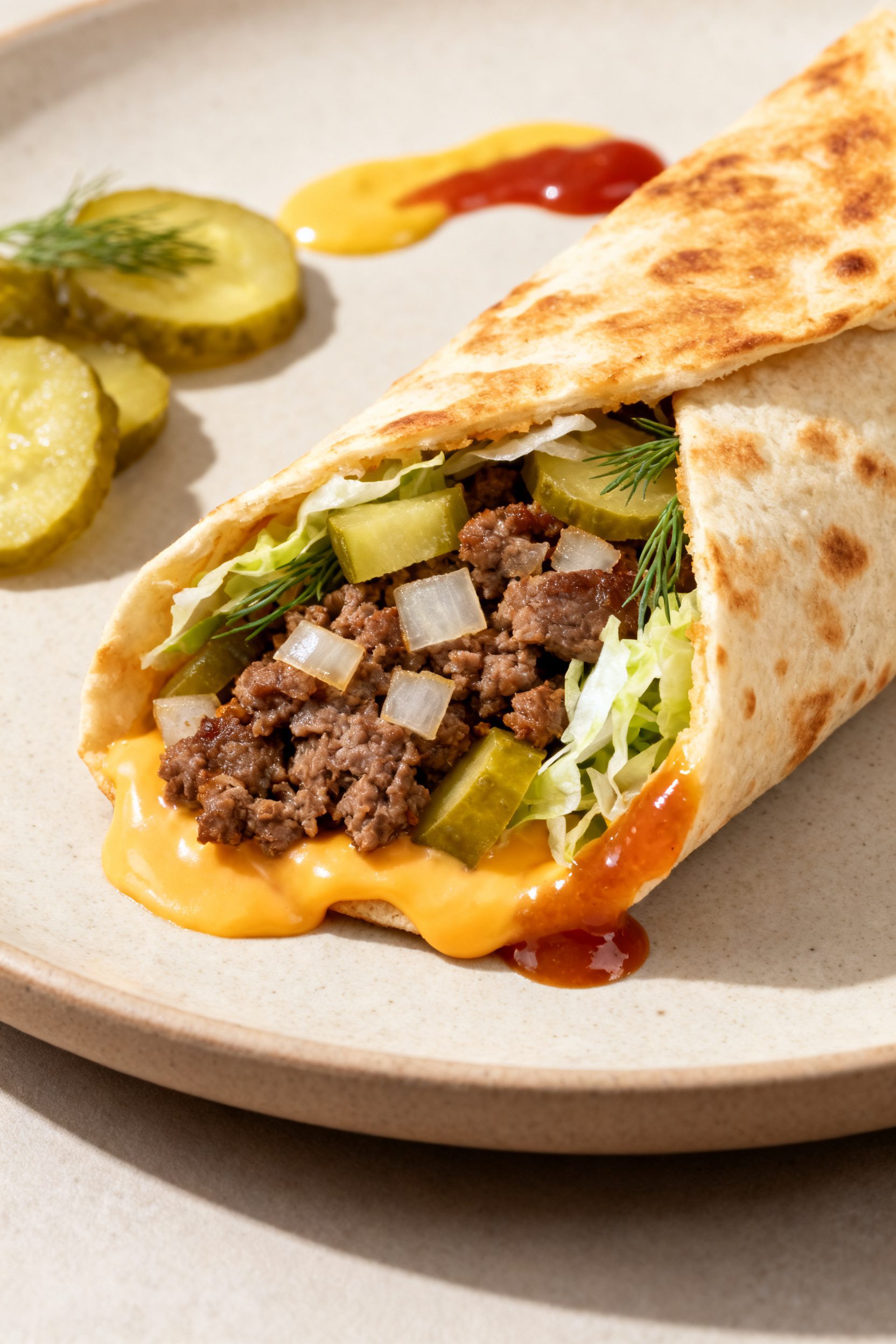 Close-up detail: A just-air-fried cheeseburger wrap sliced on the bias, showing juicy, well-browned 