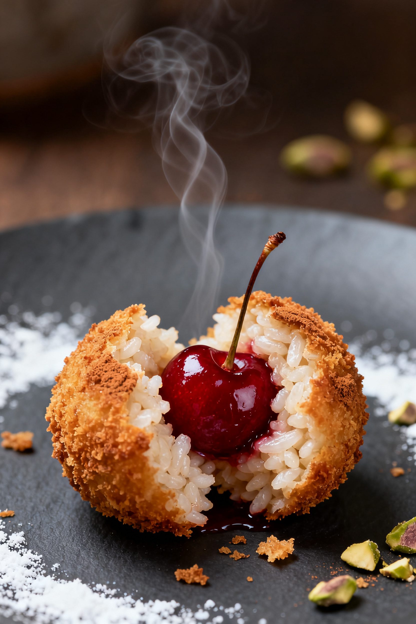 Close-up detail: A just-air-fried cherry rice ball torn open to reveal a glossy, ruby-red cherry cen