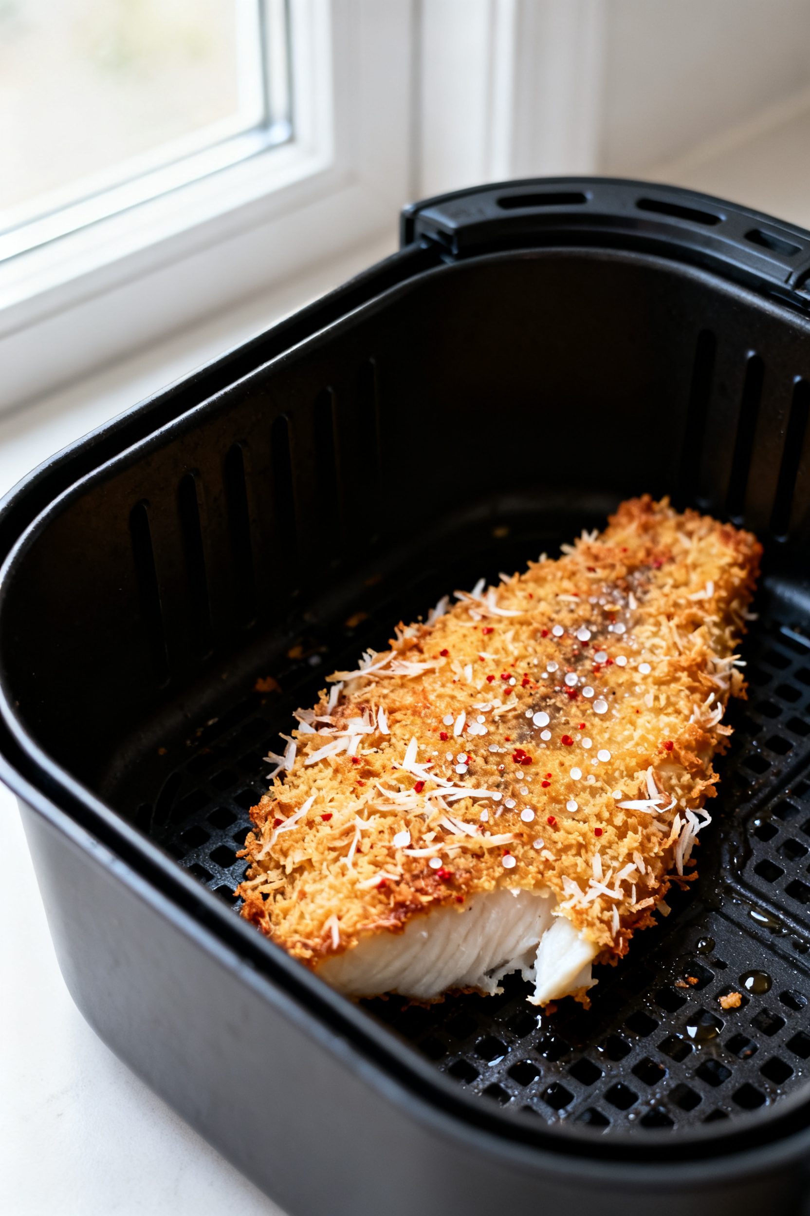 Close-up detail: A just-air-fried coconut-crusted tilapia fillet resting in an open air fryer basket