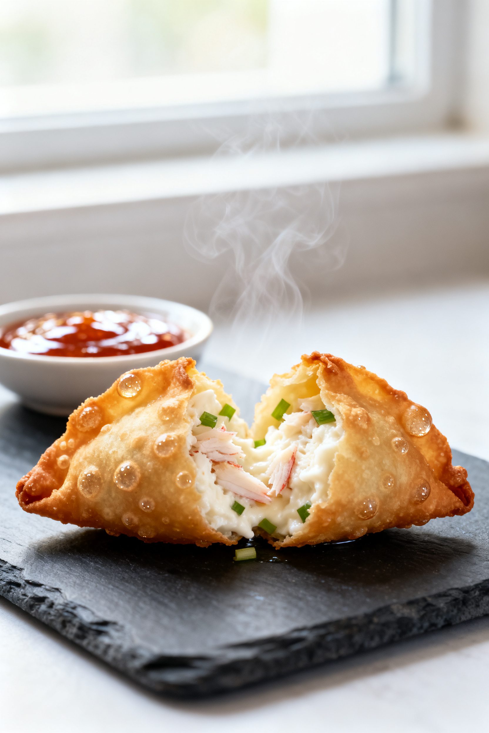Close-up detail: A just-air-fried crab cream cheese wonton split open on a slate board, revealing a