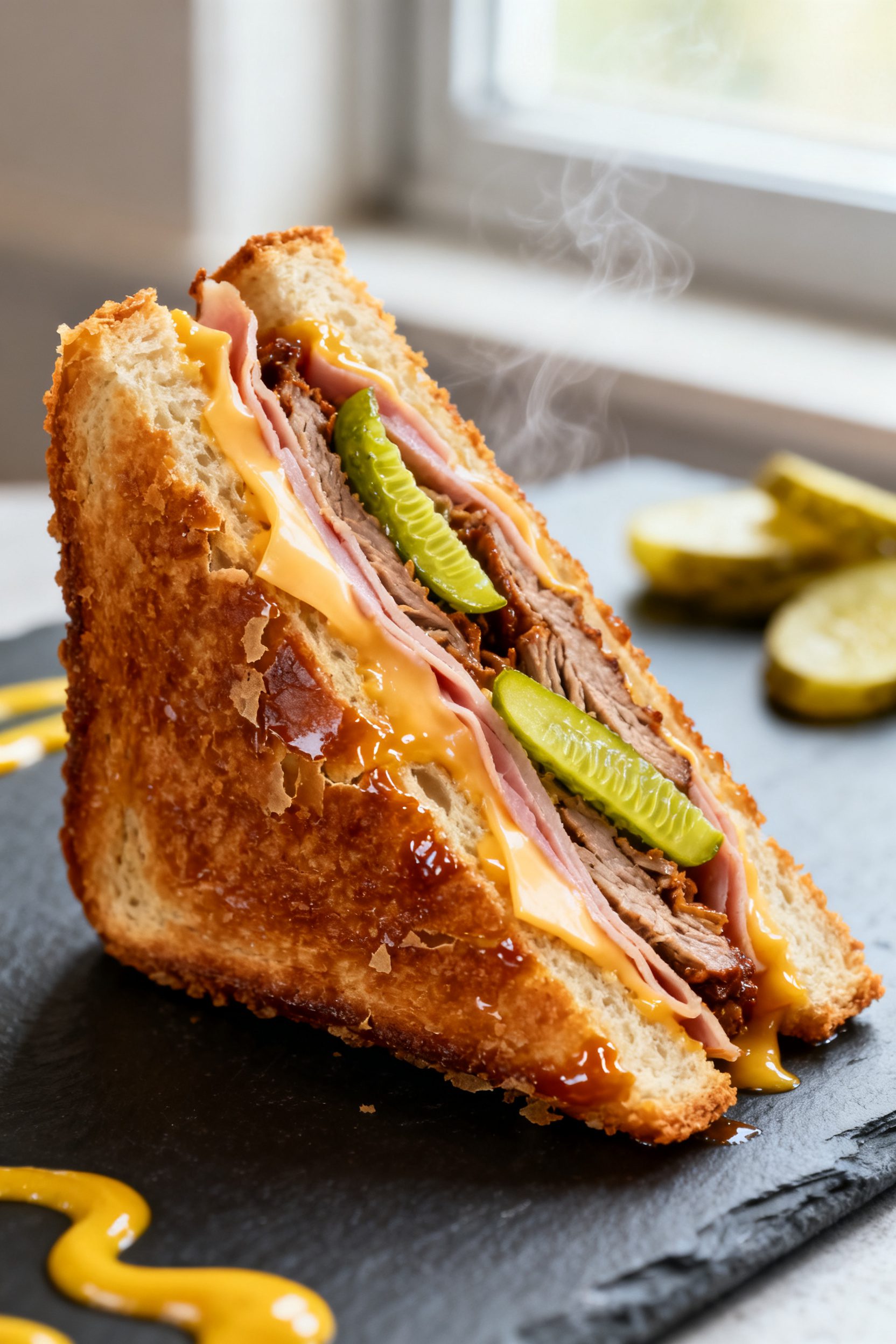 Close-up detail: A just-air-fried Cuban sandwich half, diagonally sliced to reveal layers—melted S