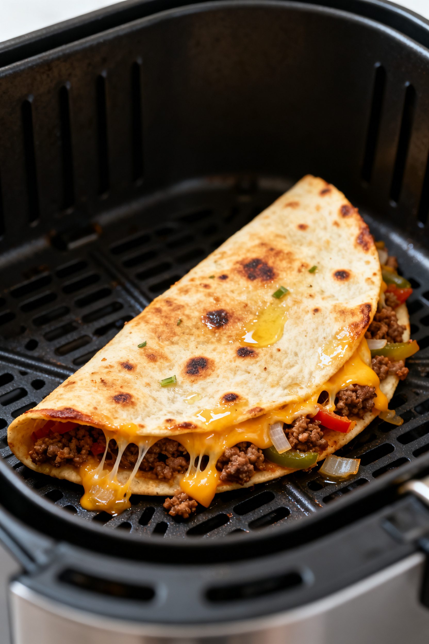 Close-up detail: A just-air-fried ground beef quesadilla half-moon resting on the air fryer basket,