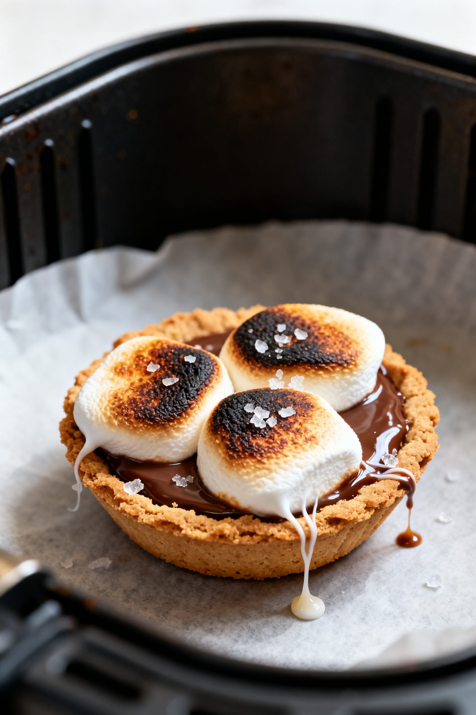 Close-up detail: A just-air-fried mini s’mores pie in its graham cracker crust with three puffed,