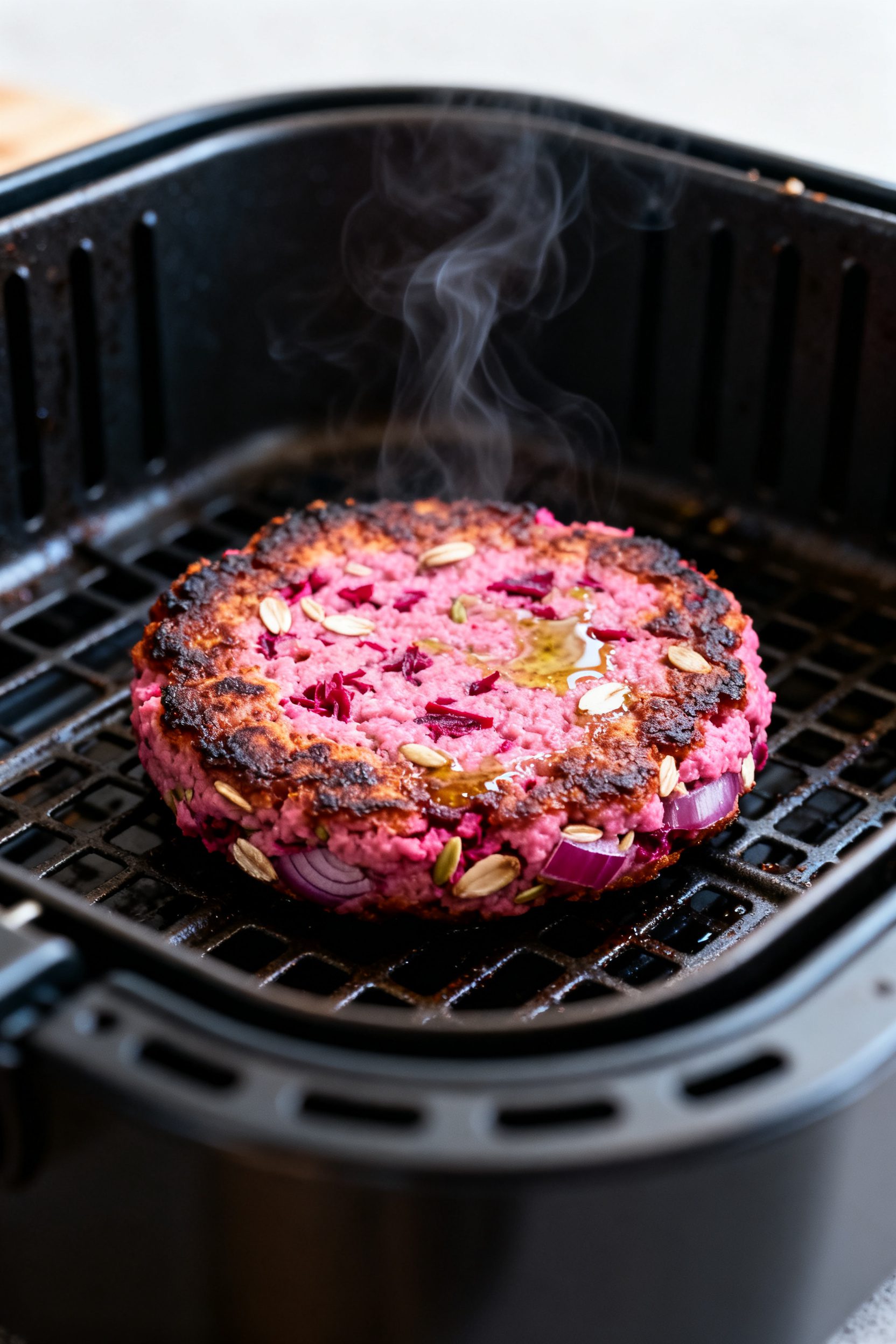 Close-up detail: A just-air-fried pink beet-and-bean veggie burger patty resting on the air fryer ra