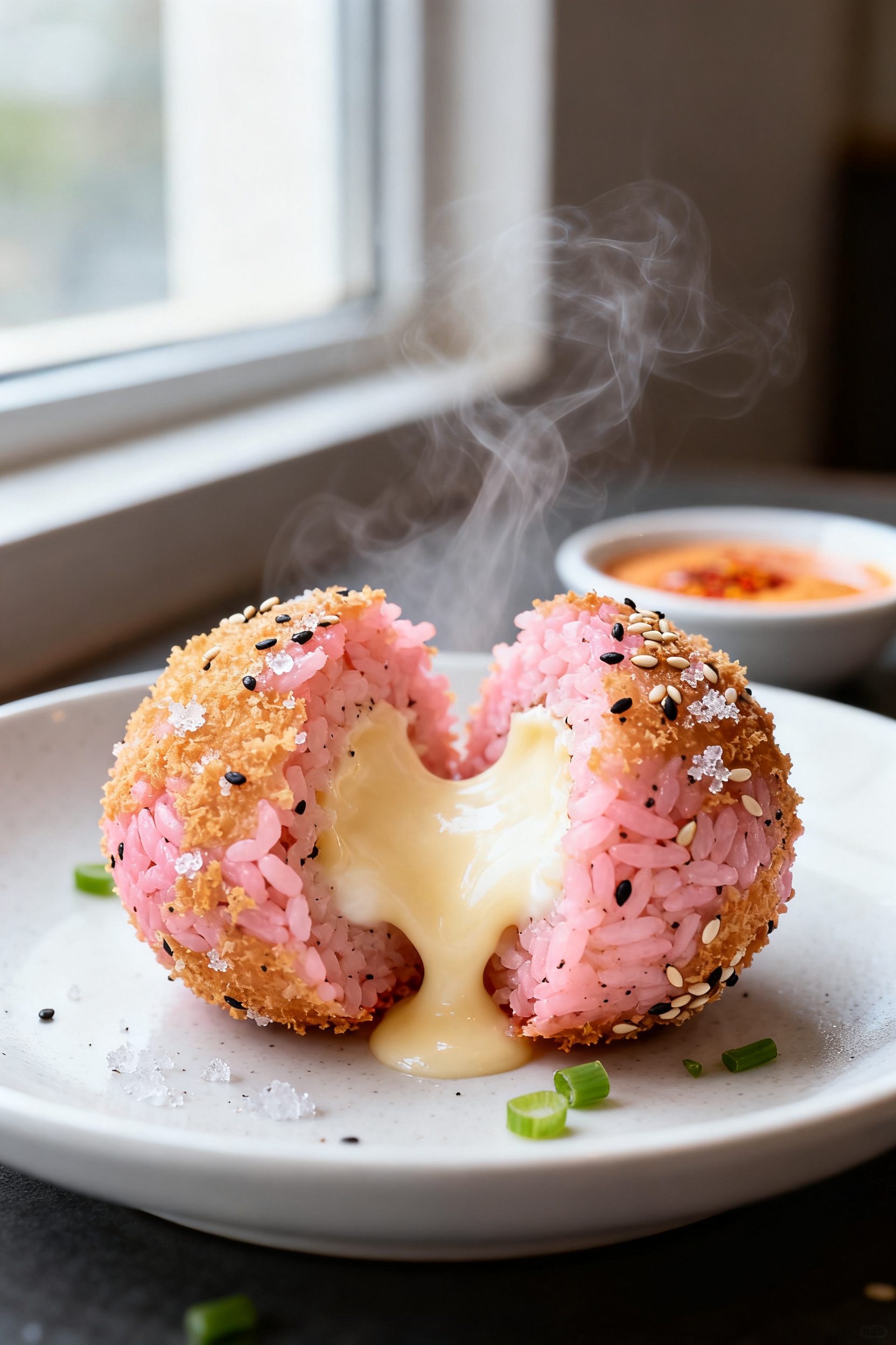 Close-up detail: A just-air-fried pink rice ball split open on a matte white plate, revealing a molt