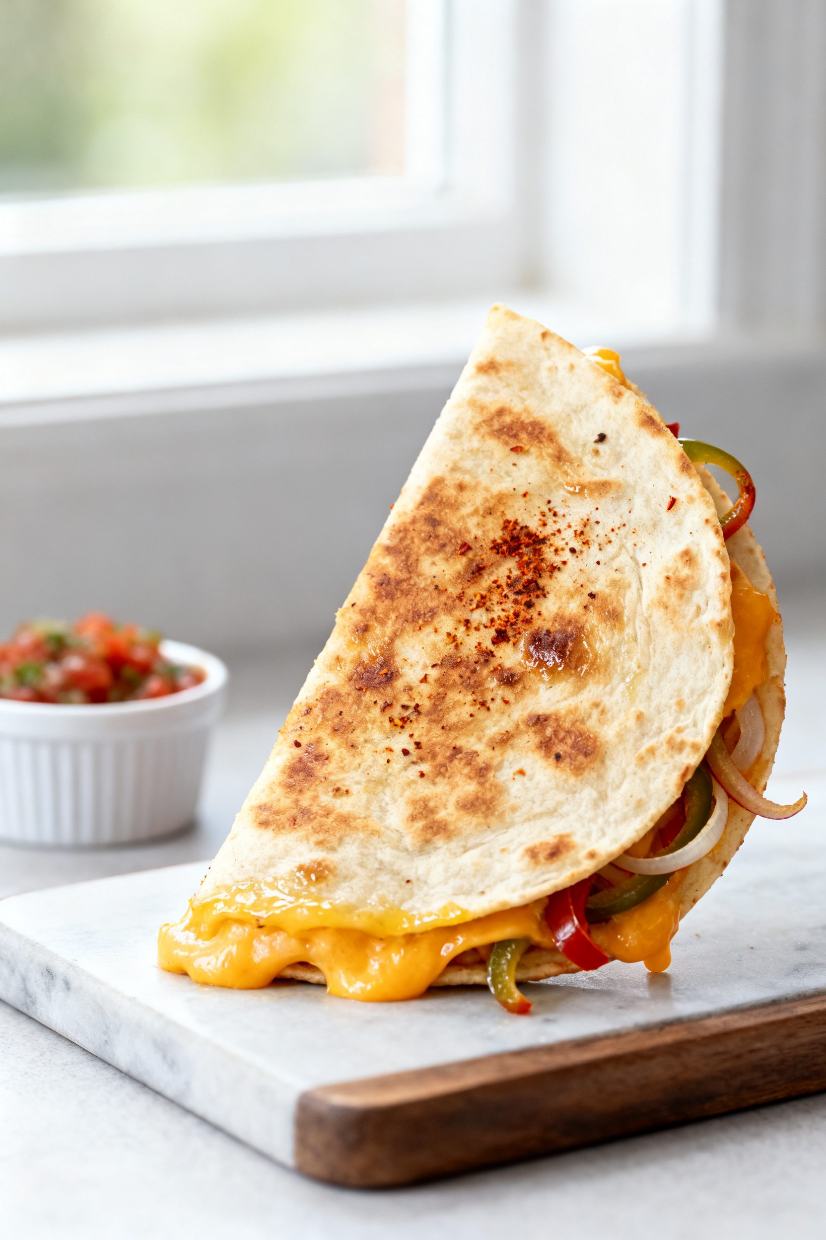 Close-up detail: A just-air-fried quesadilla wedge held upright on a board (no hands visible), showi