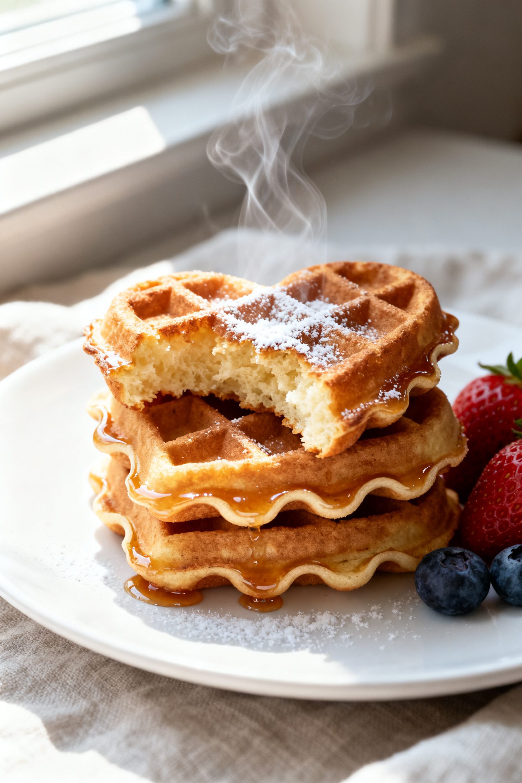 Close-up detail: A just-air-fried stack of small heart-shaped waffles with crisp, golden-brown edges