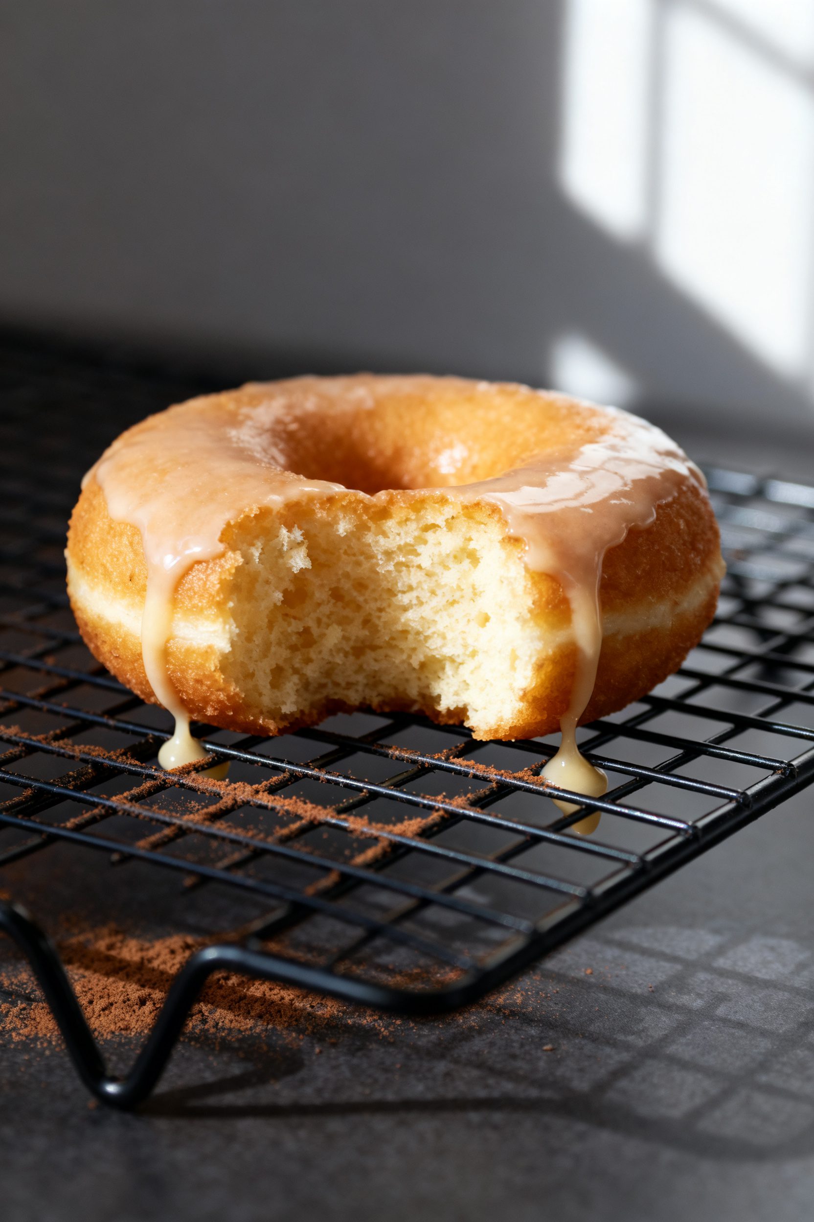 Close-up detail: A just-air-fried vanilla protein donut resting on a cooling rack, golden and cake-l