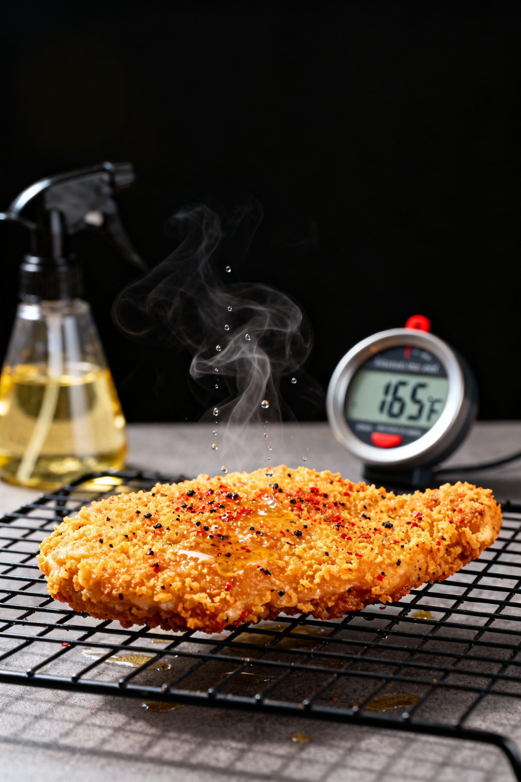 Close-up detail: A just-cooked air-fried chicken cutlet resting on a wire rack, ultra-crisp, golden