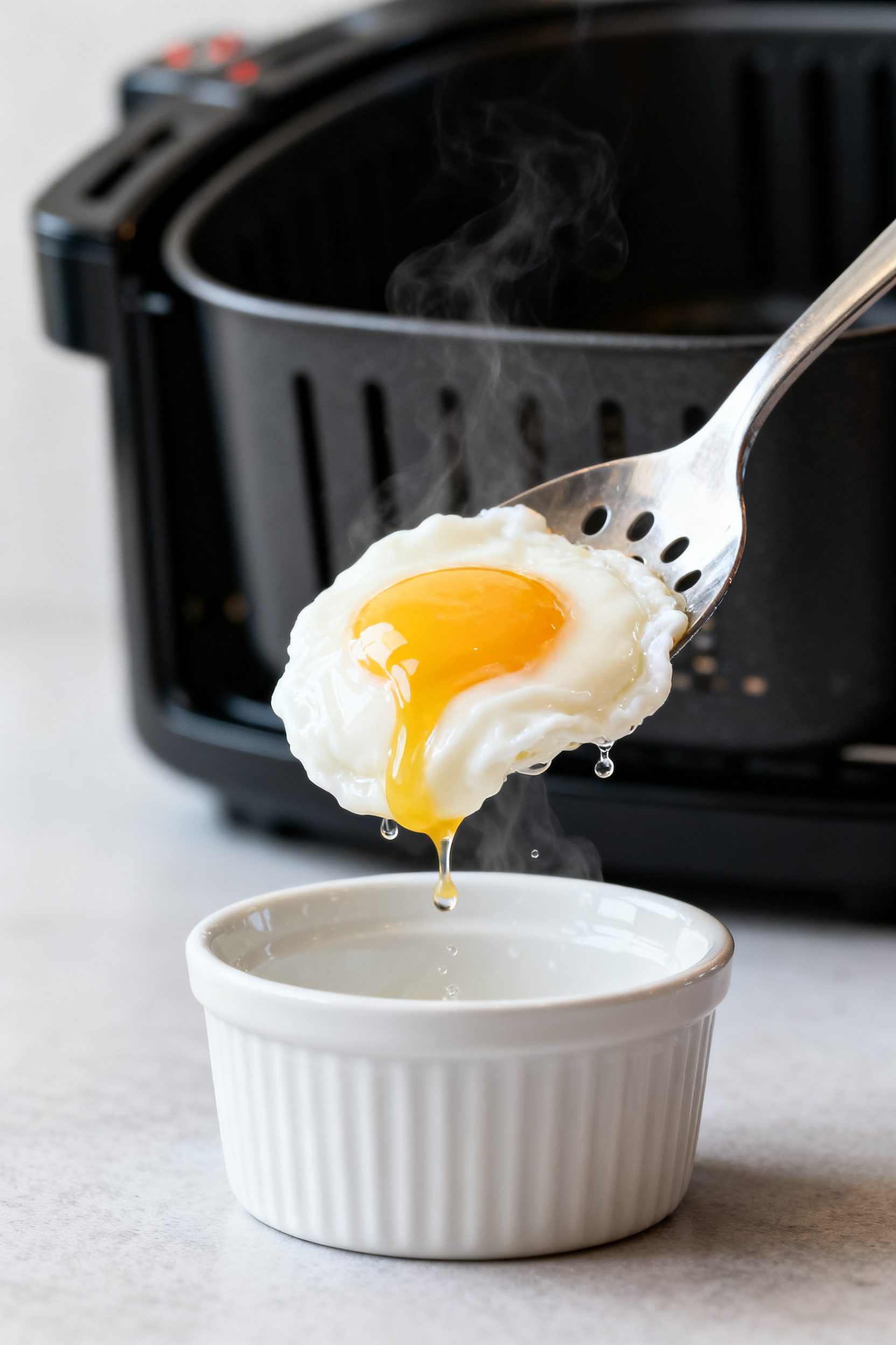 Close-up detail: A just-cooked air fryer poached egg being lifted from a white ramekin with a slotte