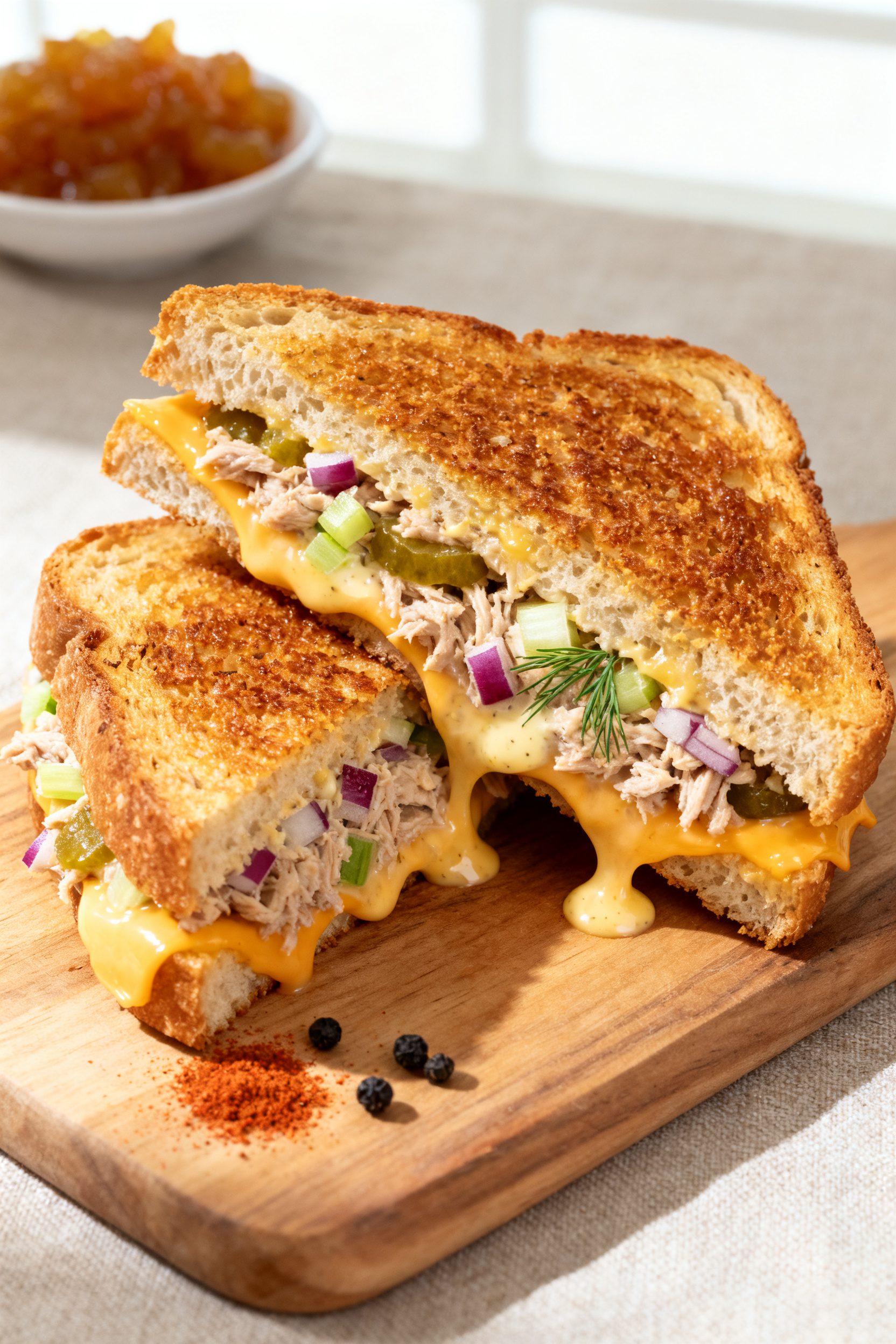 Close-up detail: A just-cooked air fryer tuna melt sliced diagonally, cheese visibly stretching and 