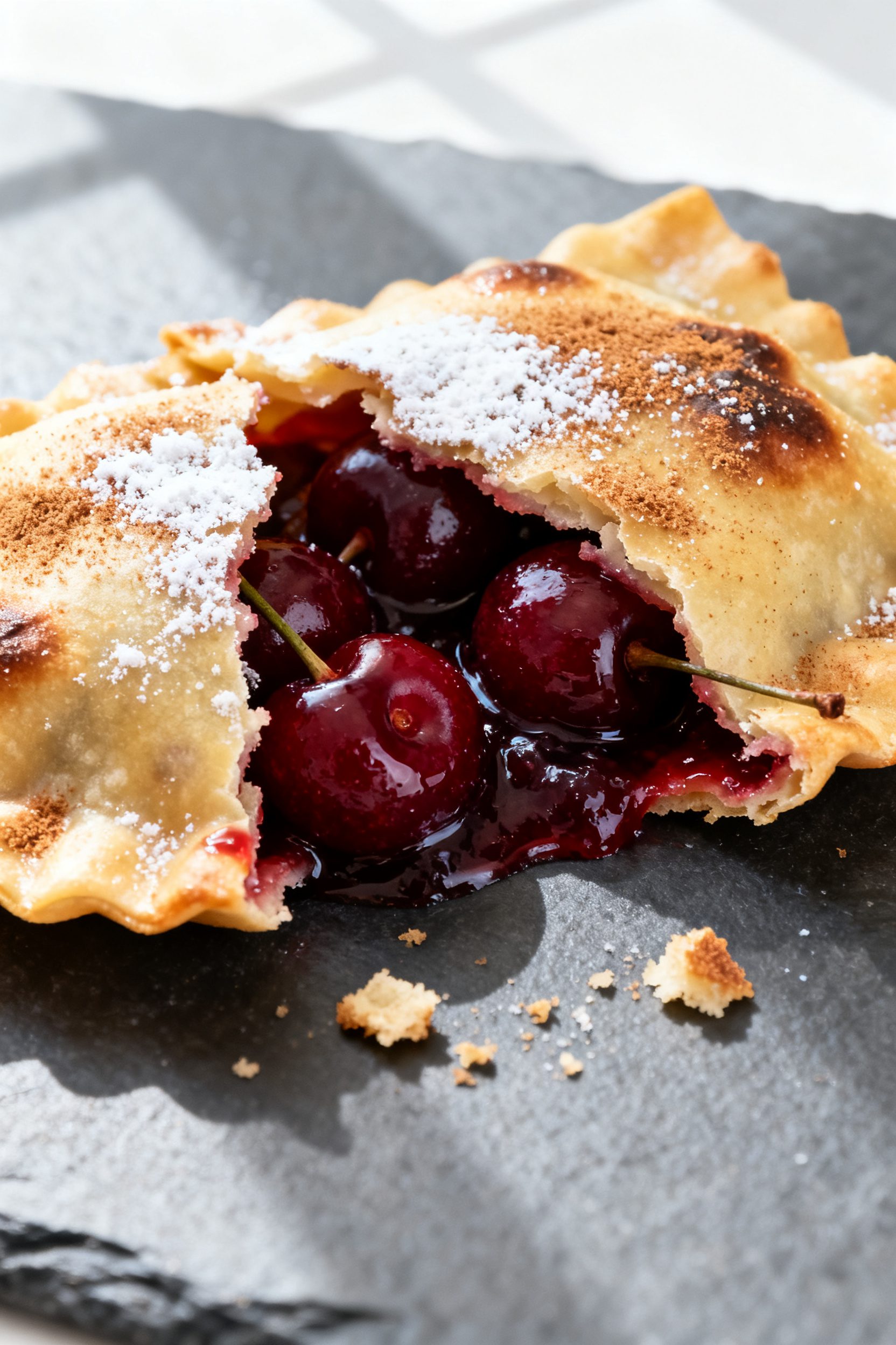Close-up detail: A just-cooked cherry pie “ravioli” cracked open to reveal glossy, jammy cherry 