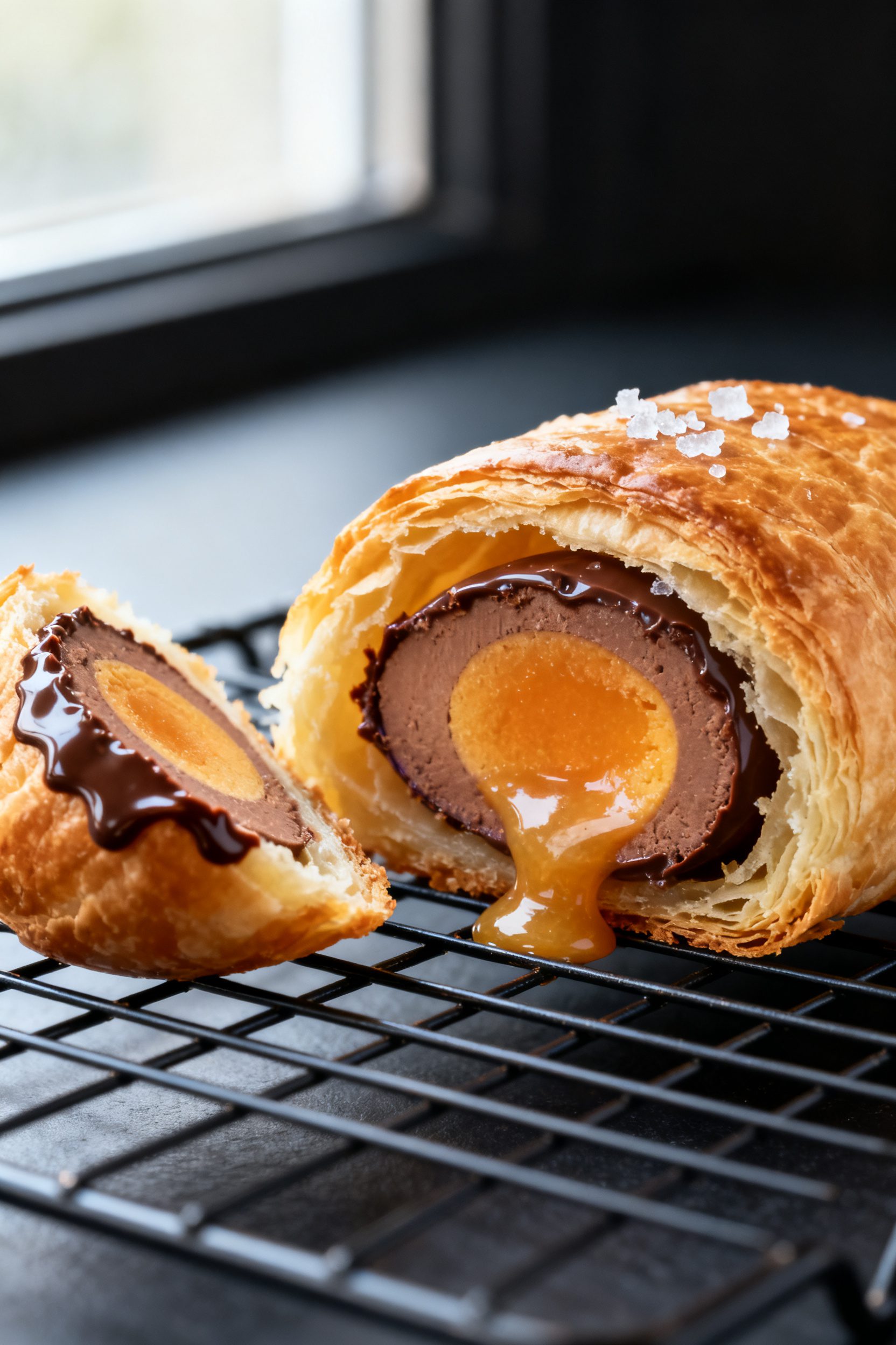 Close-up detail: A just-cooked, full-size Cadbury Creme Egg wrapped in golden puff pastry resting on