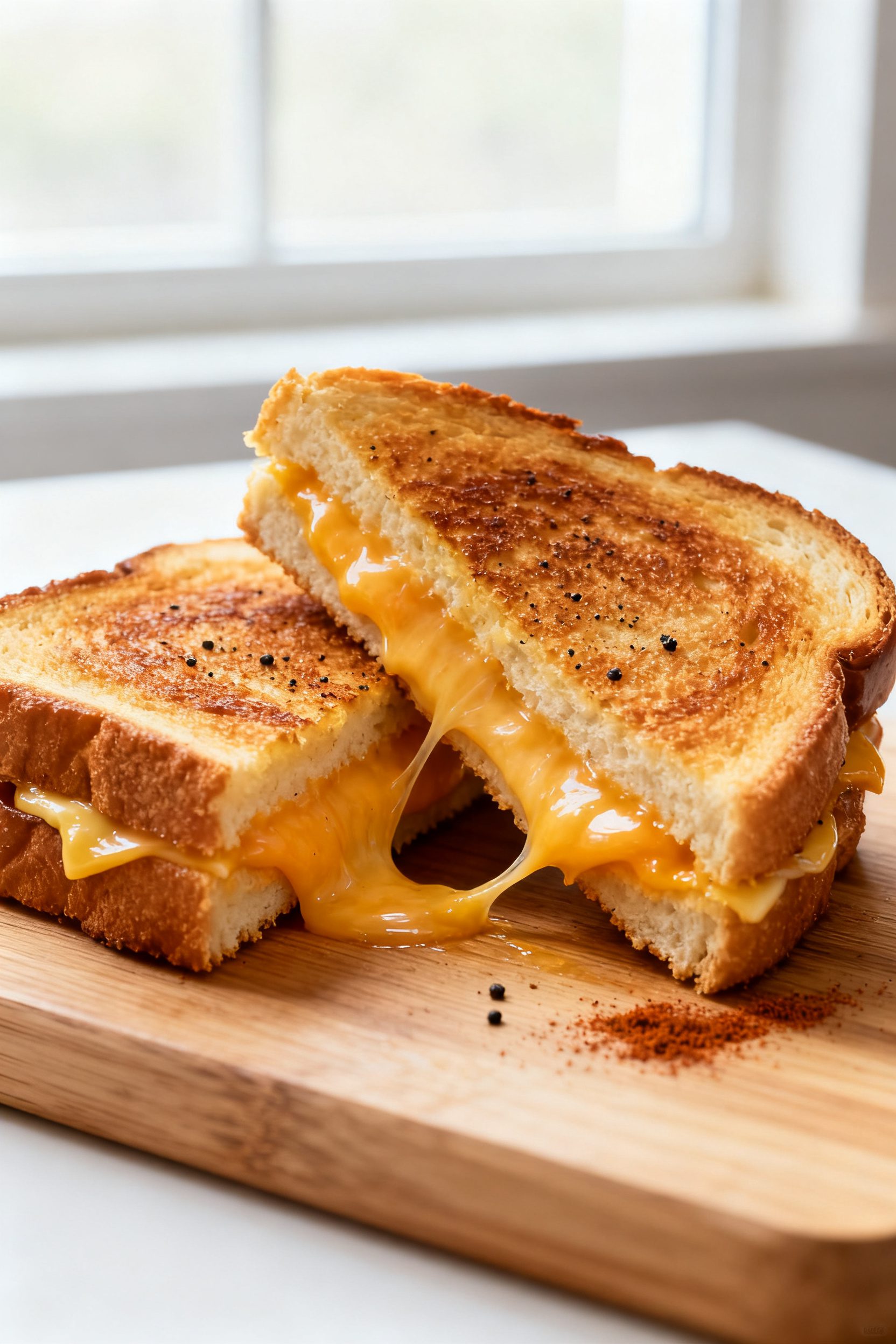 Close-up detail: A just-cooked Texas toast grilled cheese resting on a wooden cutting board after ai