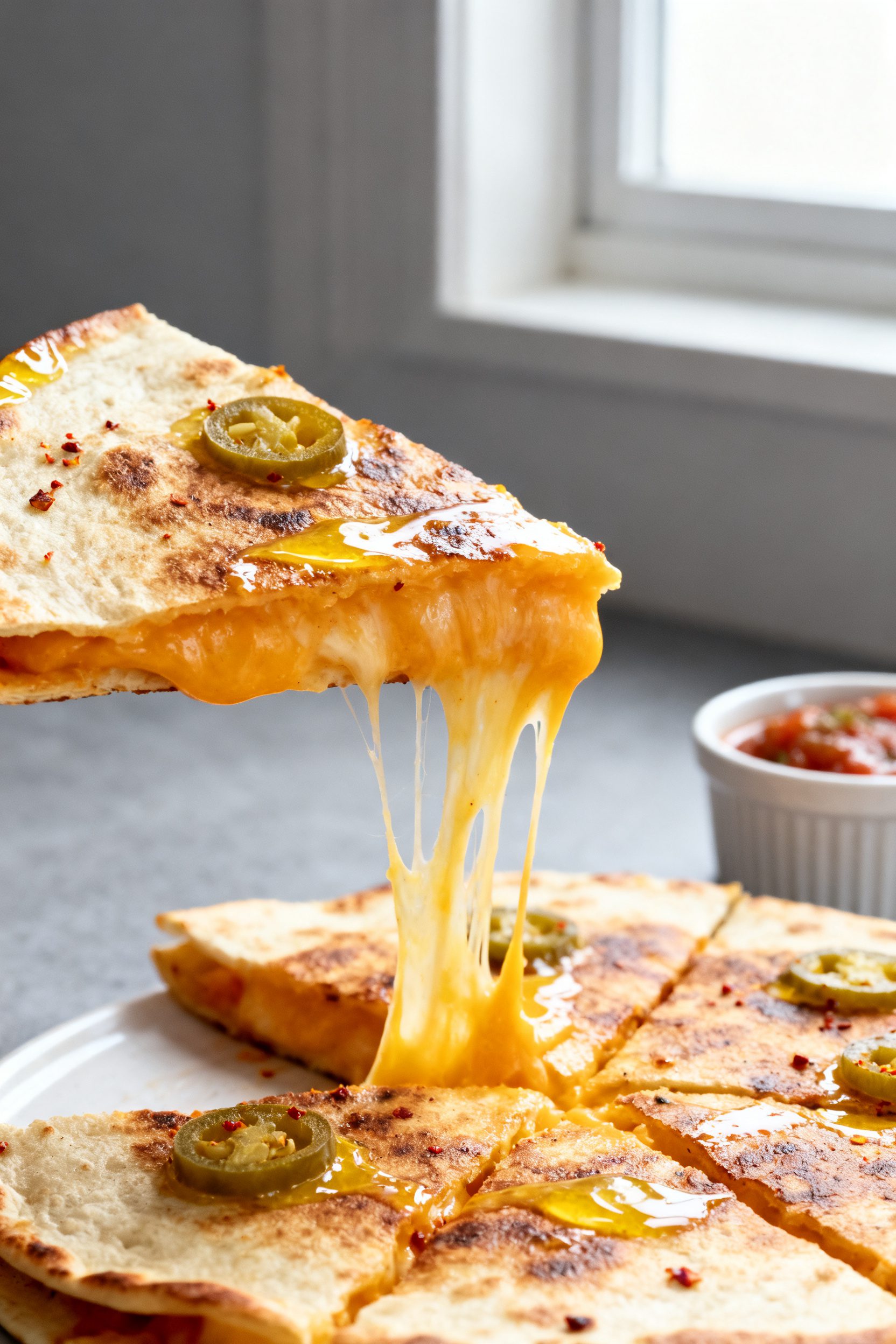 Close-up detail: A just-cut air fryer cheese quesadilla wedge lifted slightly to reveal an oozy chee