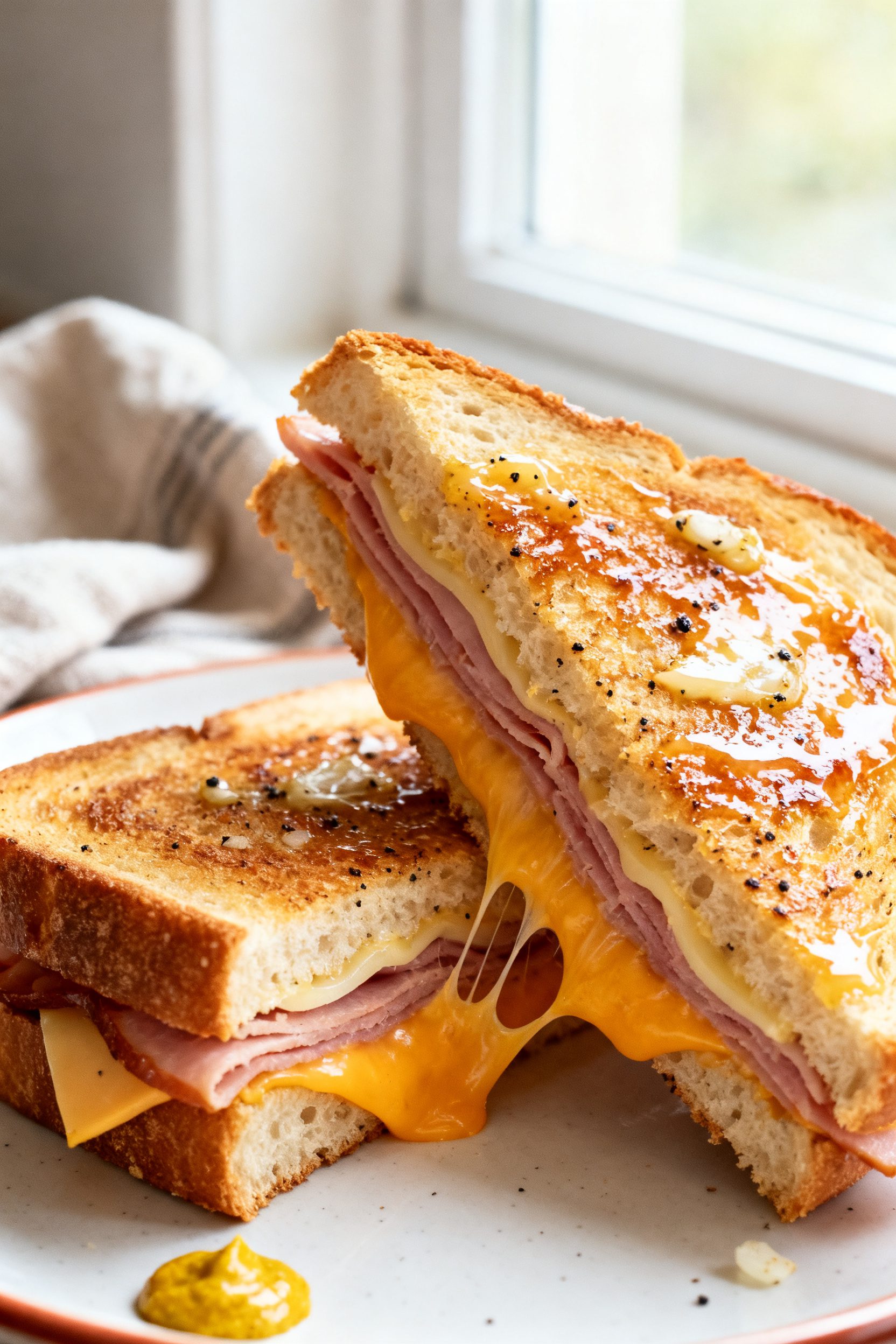 Close-up detail: A just-cut air fryer ham and cheese sandwich, diagonal slice revealing gooey melted