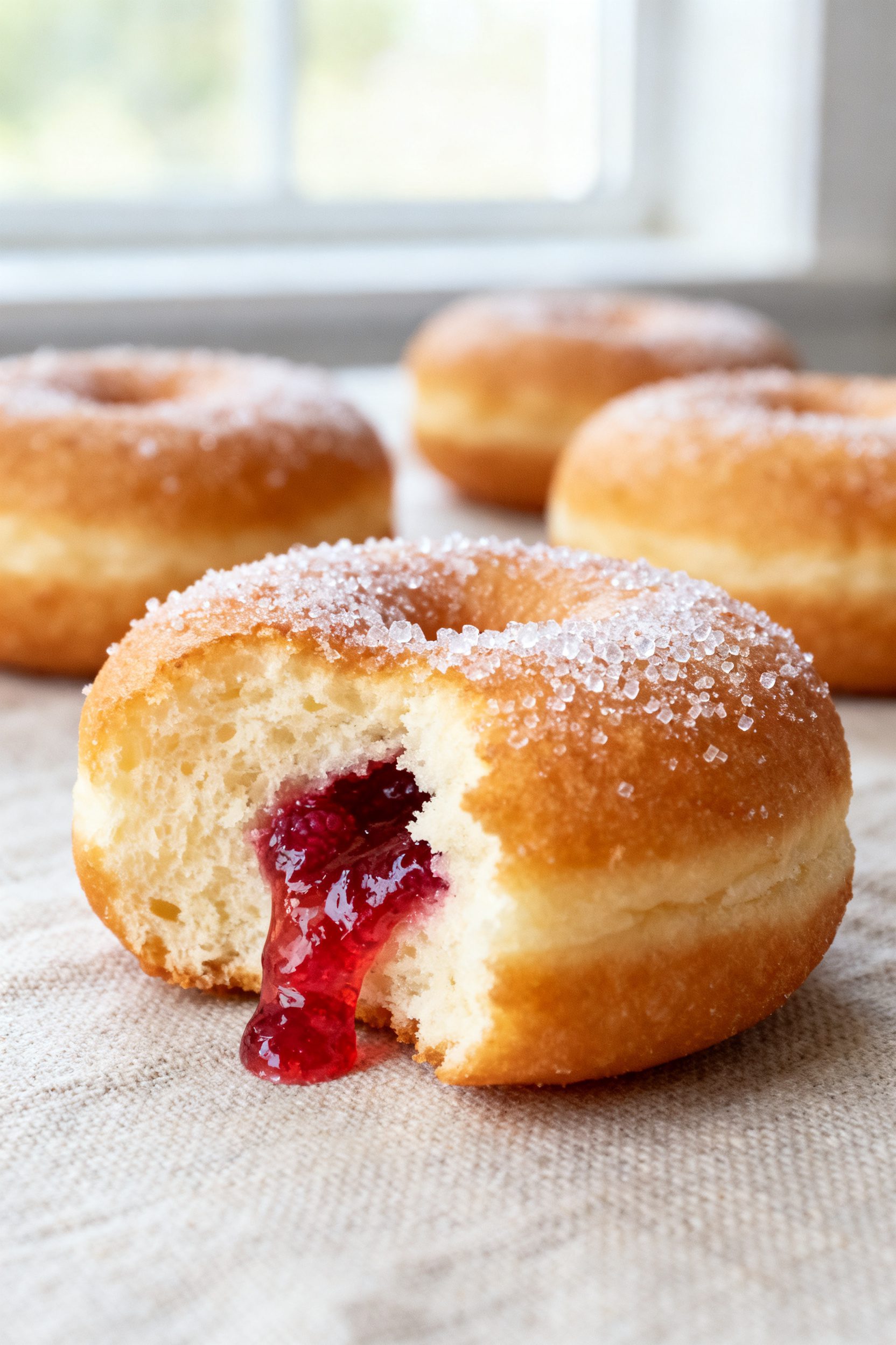 Close-up detail: A just-filled air fryer jelly donut, warm and sugar-dusted, with a glossy ribbon of