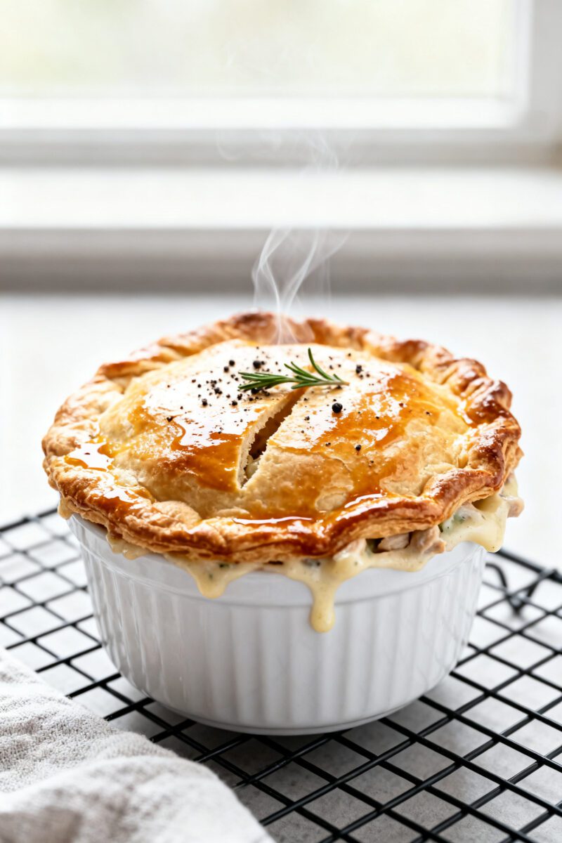 Close-up detail: A single baked mini chicken pot pie in a white 8–10 oz ramekin just out of the ai