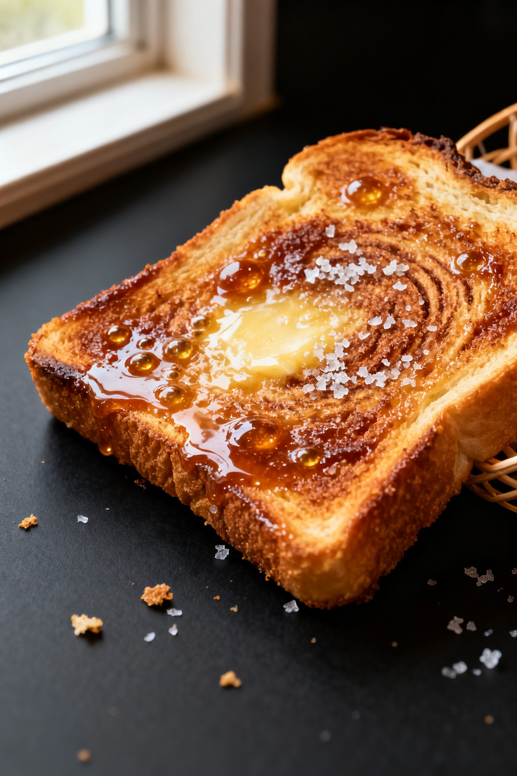 Close-up detail: A slice of air-fried cinnamon toast just out of the basket, showing a deep golden, 