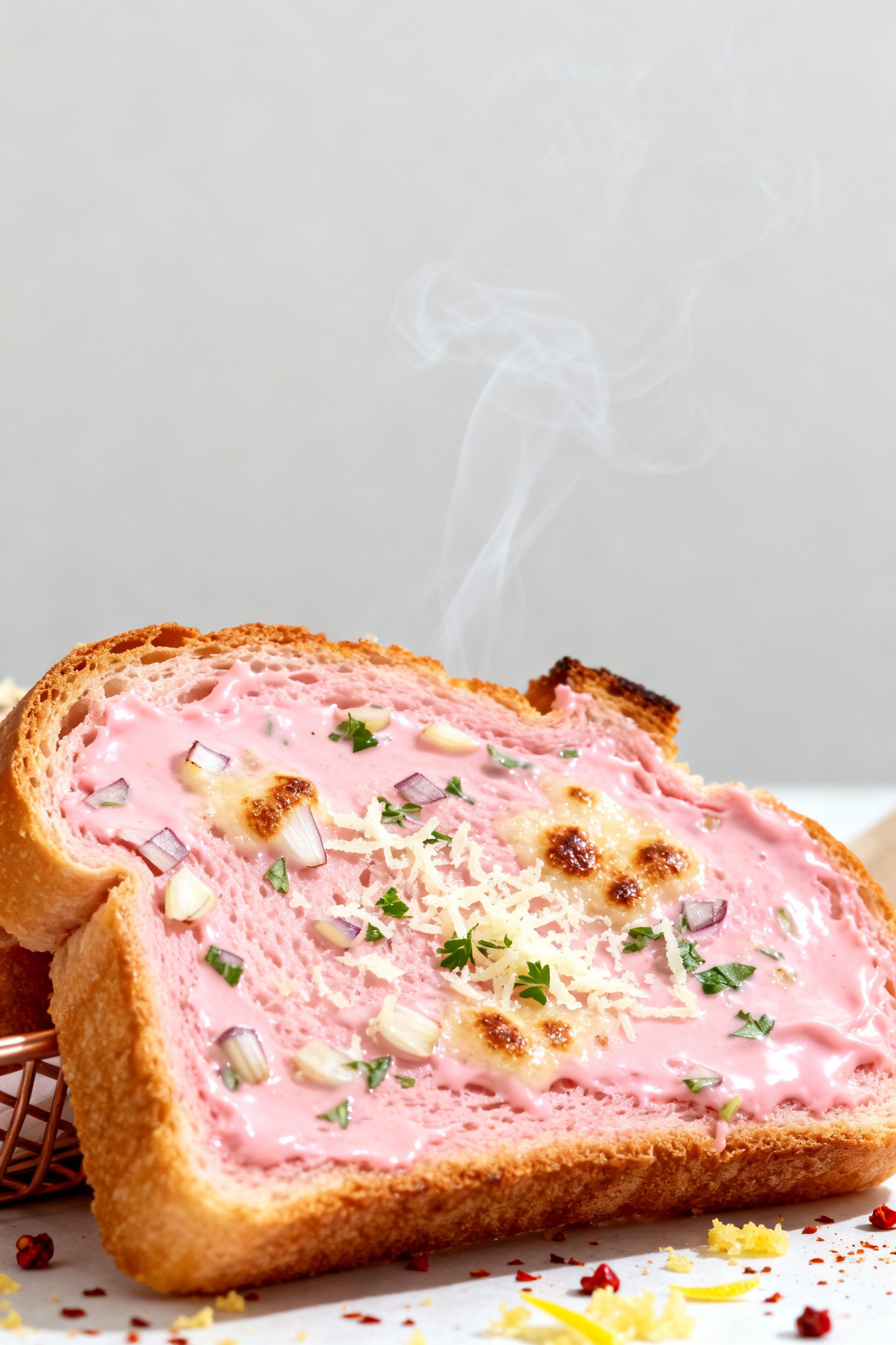 Close-up detail: A slice of air-fried pink garlic bread just out of the basket, crisp golden-brown e