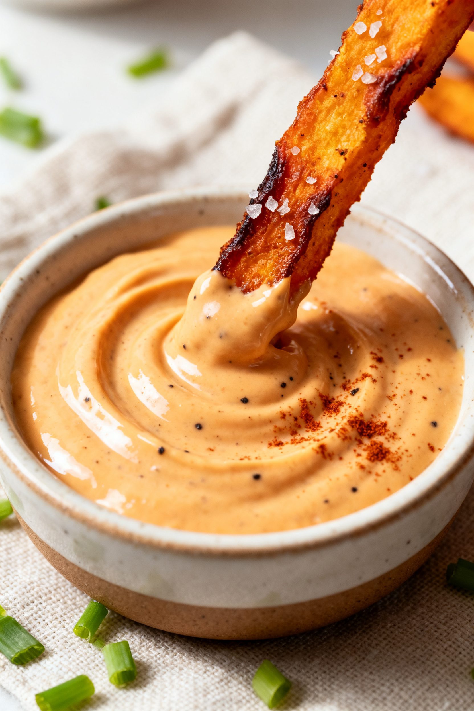Close-up detail: A small ceramic dipping bowl filled with the creamy sweet potato fries sauce, swirl
