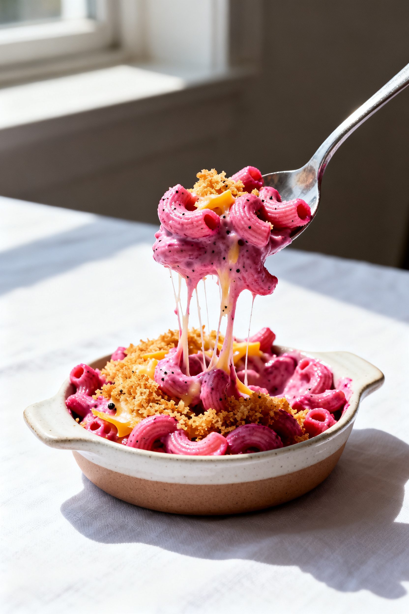 Close-up detail: A spoonful of air-fried pink mac and cheese being lifted from a small ceramic bakin