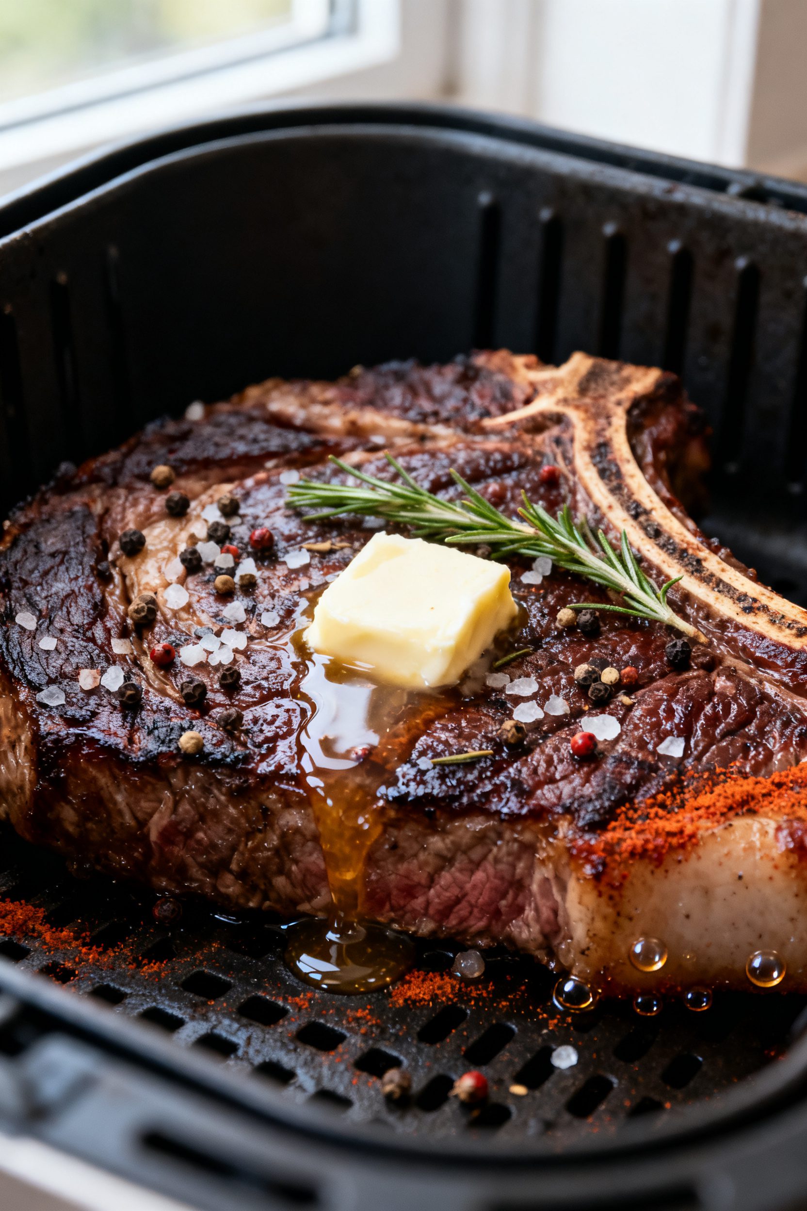 Close-up detail: A thick air-fried ribeye just out of the basket, deep mahogany crust with visible p