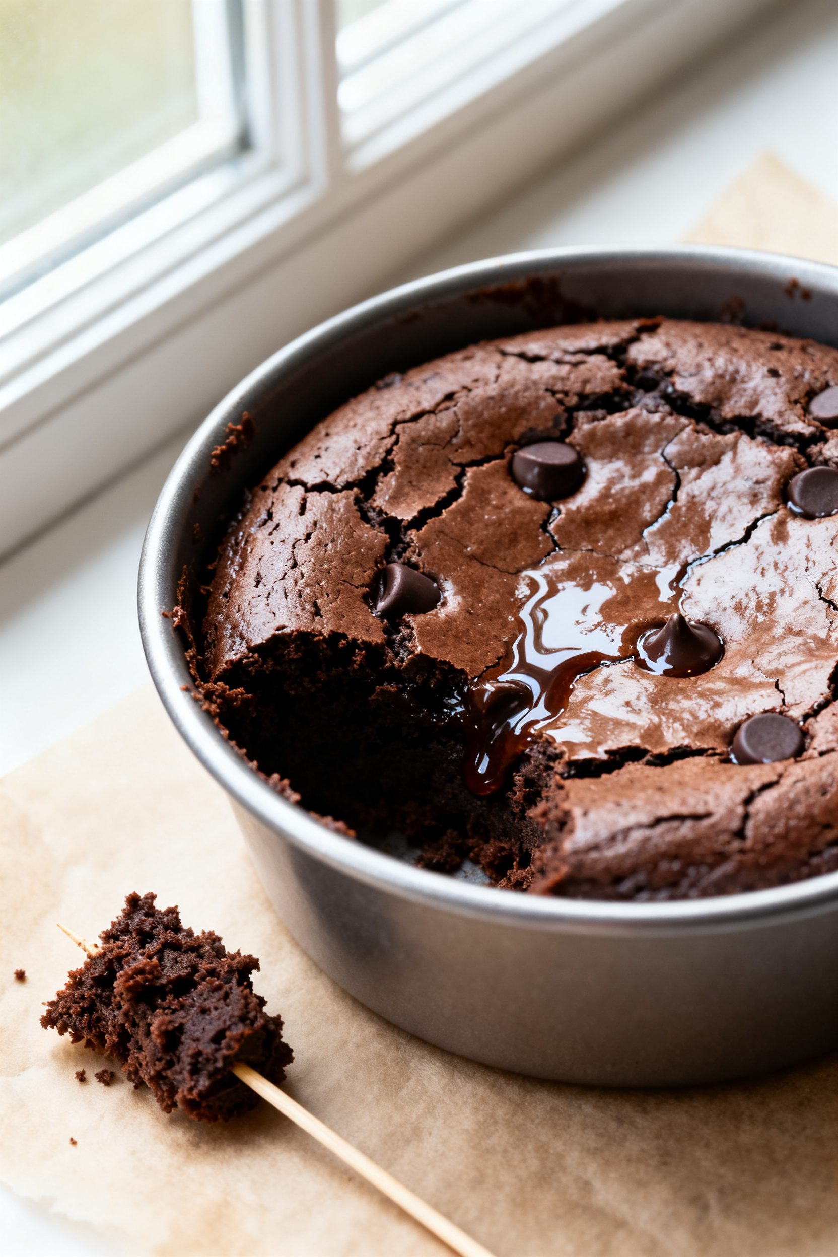 Close-up detail: A tight macro of freshly air-fried brownies still in a small 6-inch metal pan, edge
