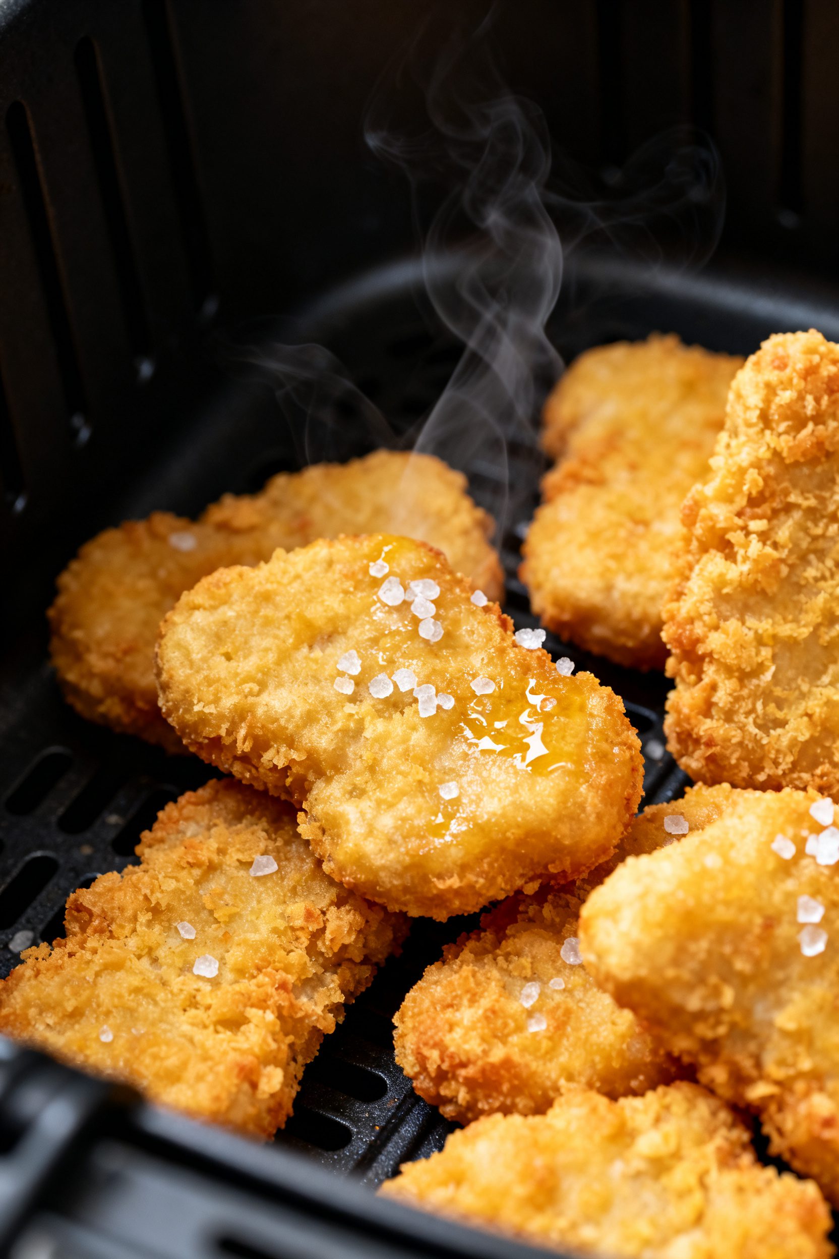 Close-up detail: A tight macro shot of air-fried chicken nuggets just out of the basket, golden and 