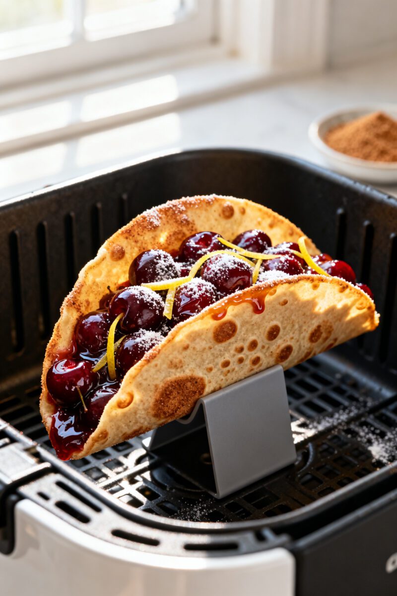 Close-up detail: A warm, crispy cinnamon-sugar dusted flour tortilla shell just out of the air fryer