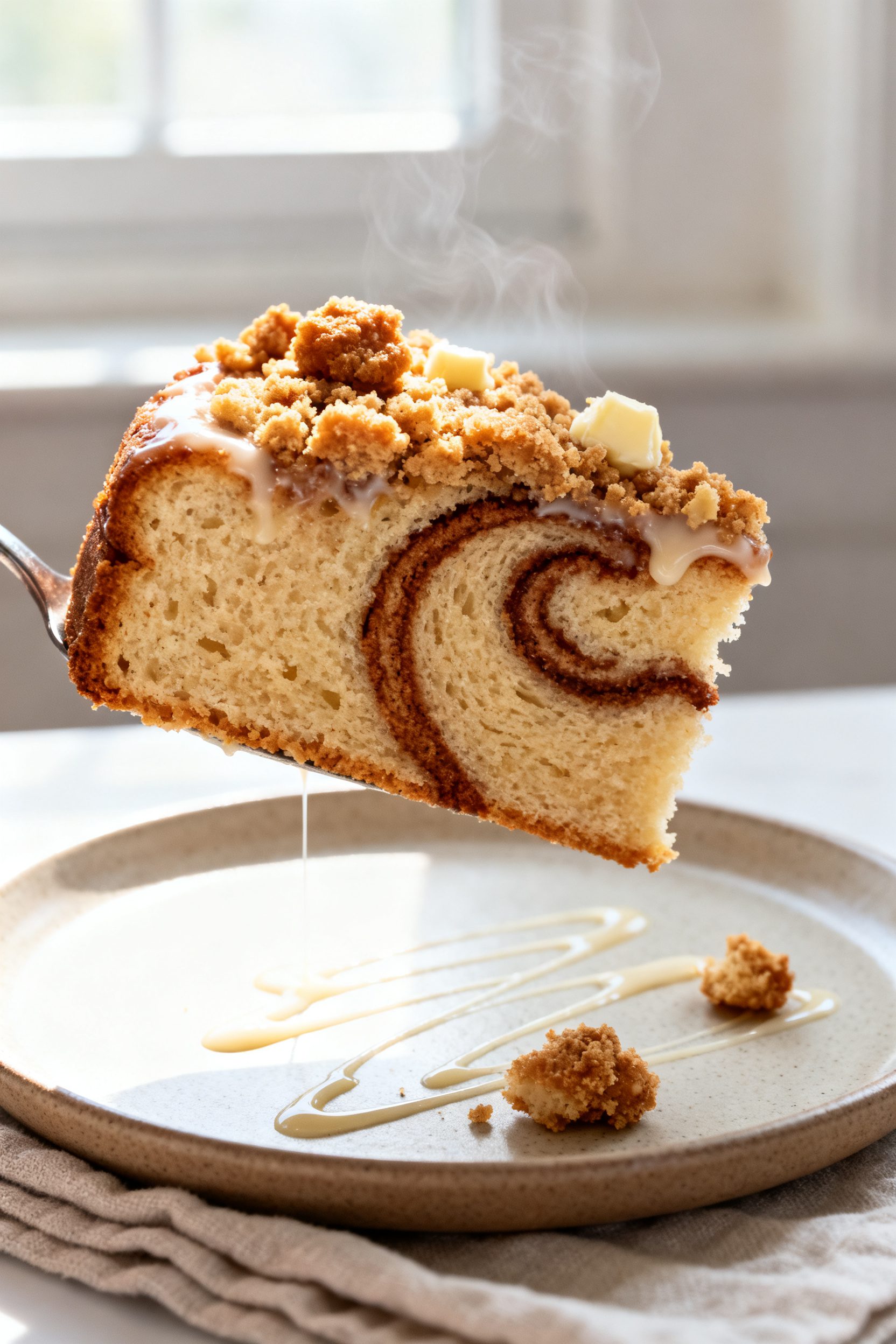 Close-up detail: A warm slice of air fryer coffee cake just lifted from the pan, showcasing a distin