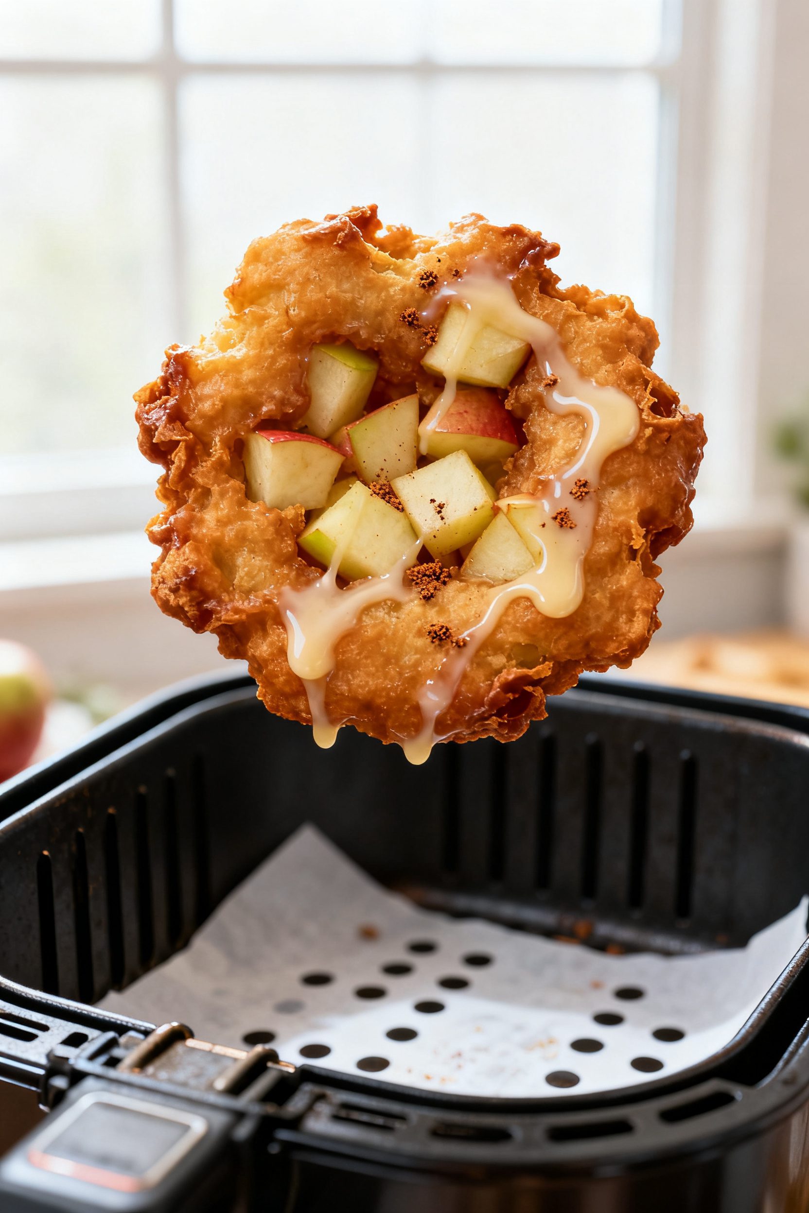 Close-up detail: Air-fried apple fritter just out of the basket, flipped side up, showing deep golde