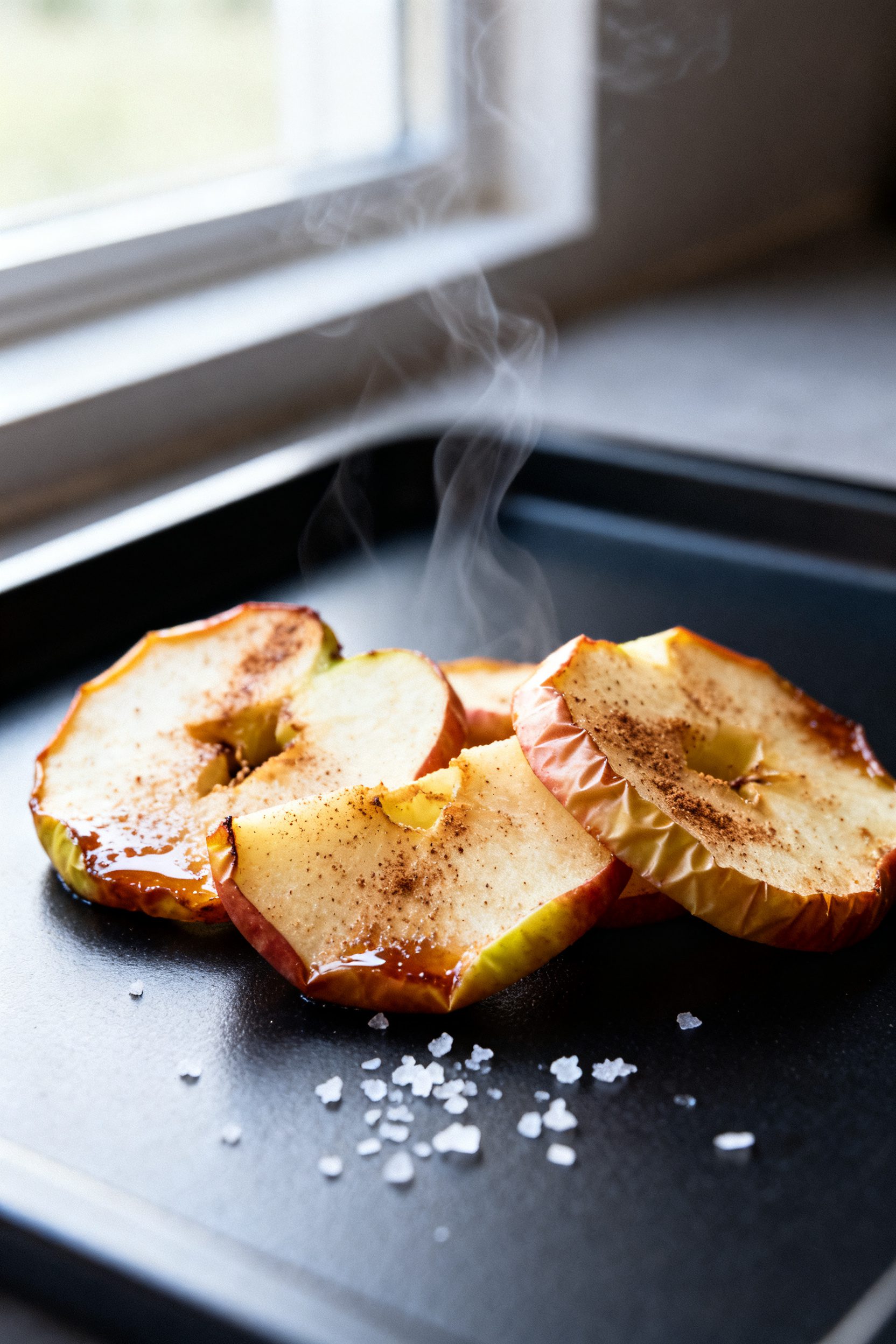 Close-up detail: Air-fried apple slices just out of the basket, edges lightly caramelized and speckl