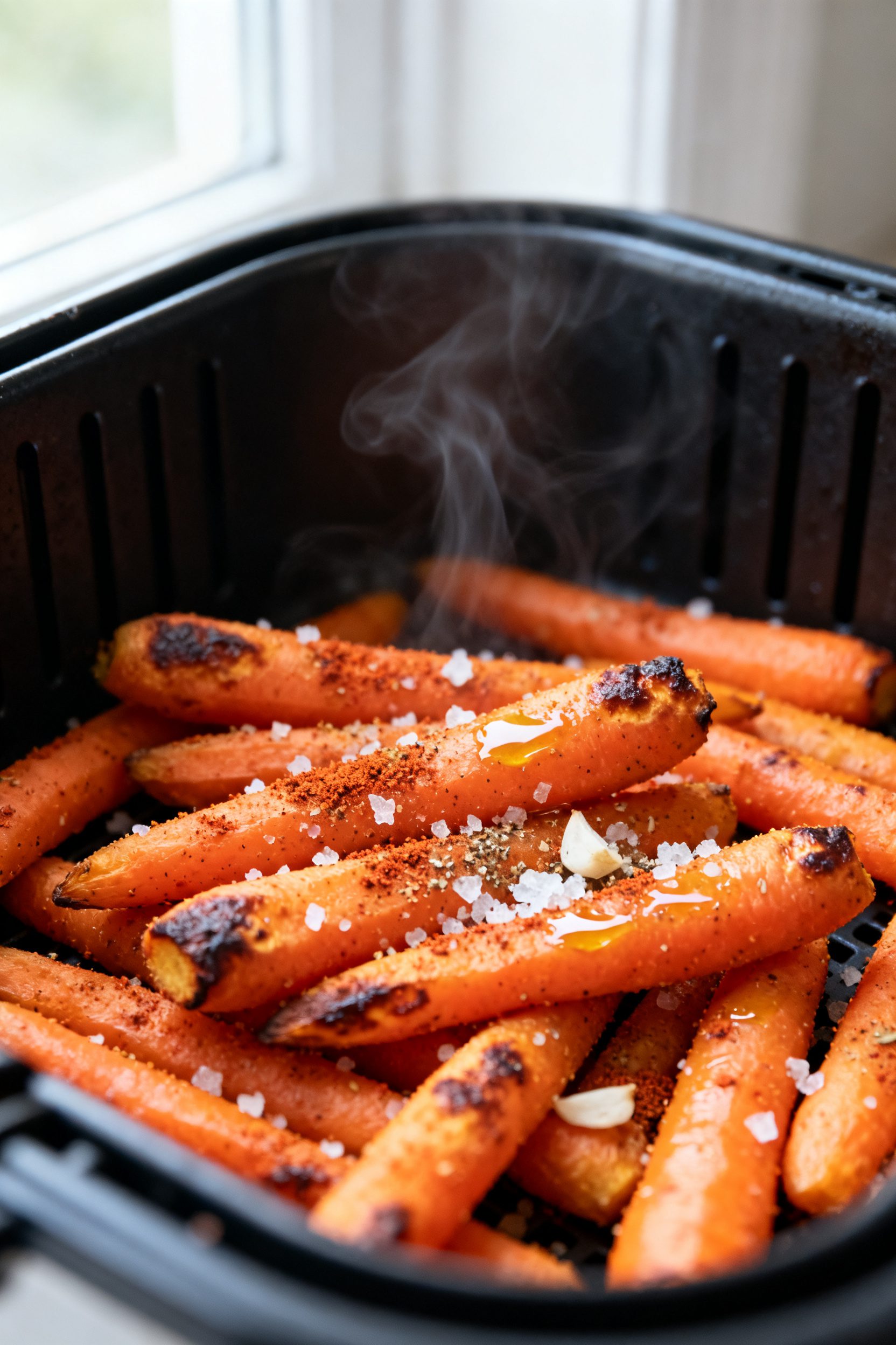 Close-up detail: Air-fried baby carrot fries just out of the basket, edges deeply caramelized with a
