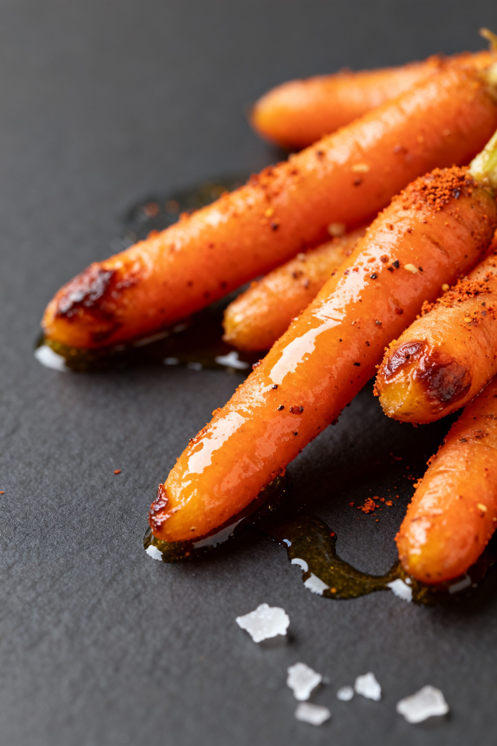 Close-up detail: Air-fried baby carrots just out of the basket, fork-tender with light caramelized e
