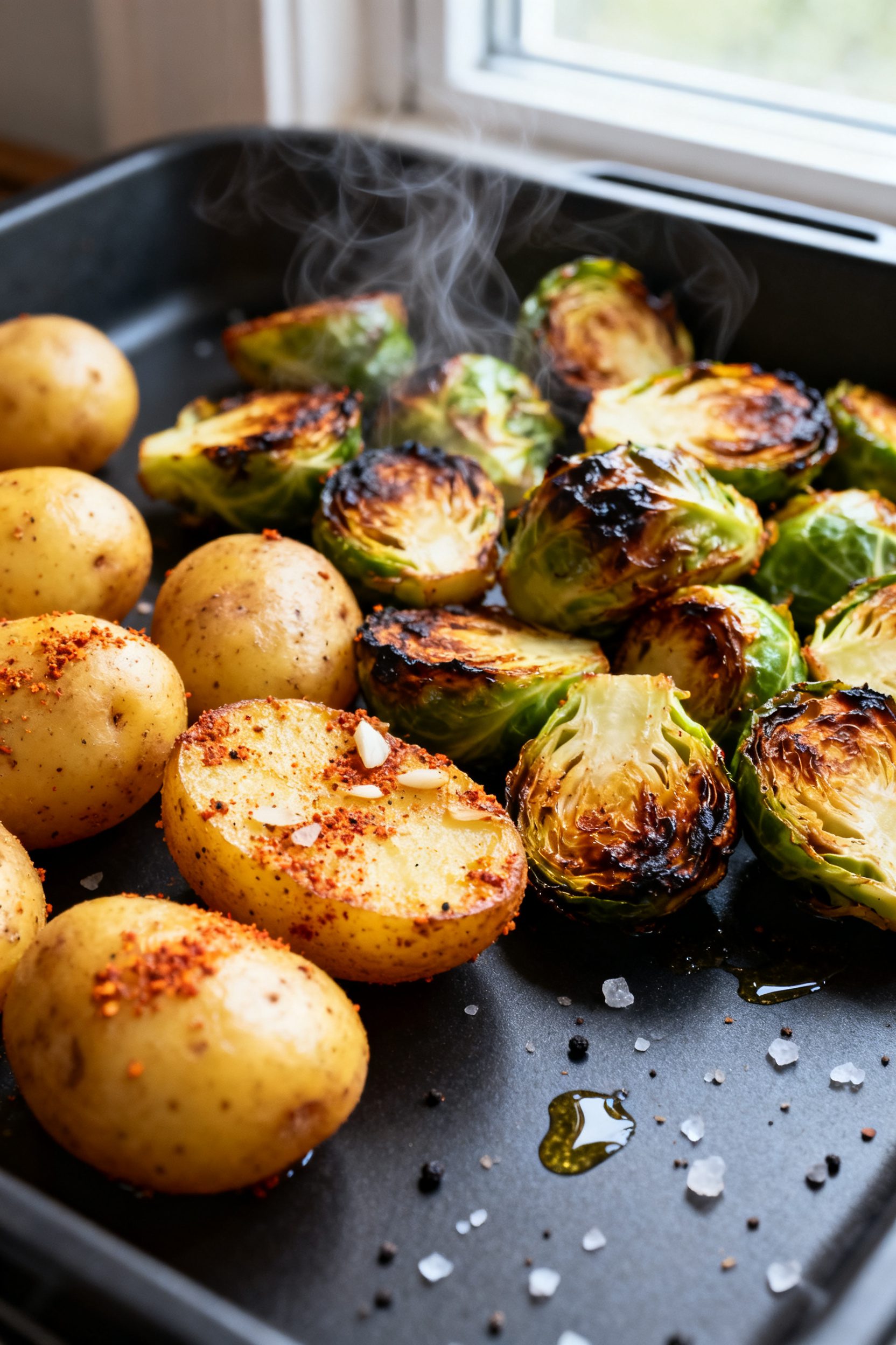 Close-up detail: Air-fried baby Yukon gold potatoes and halved Brussels sprouts just out of the bask