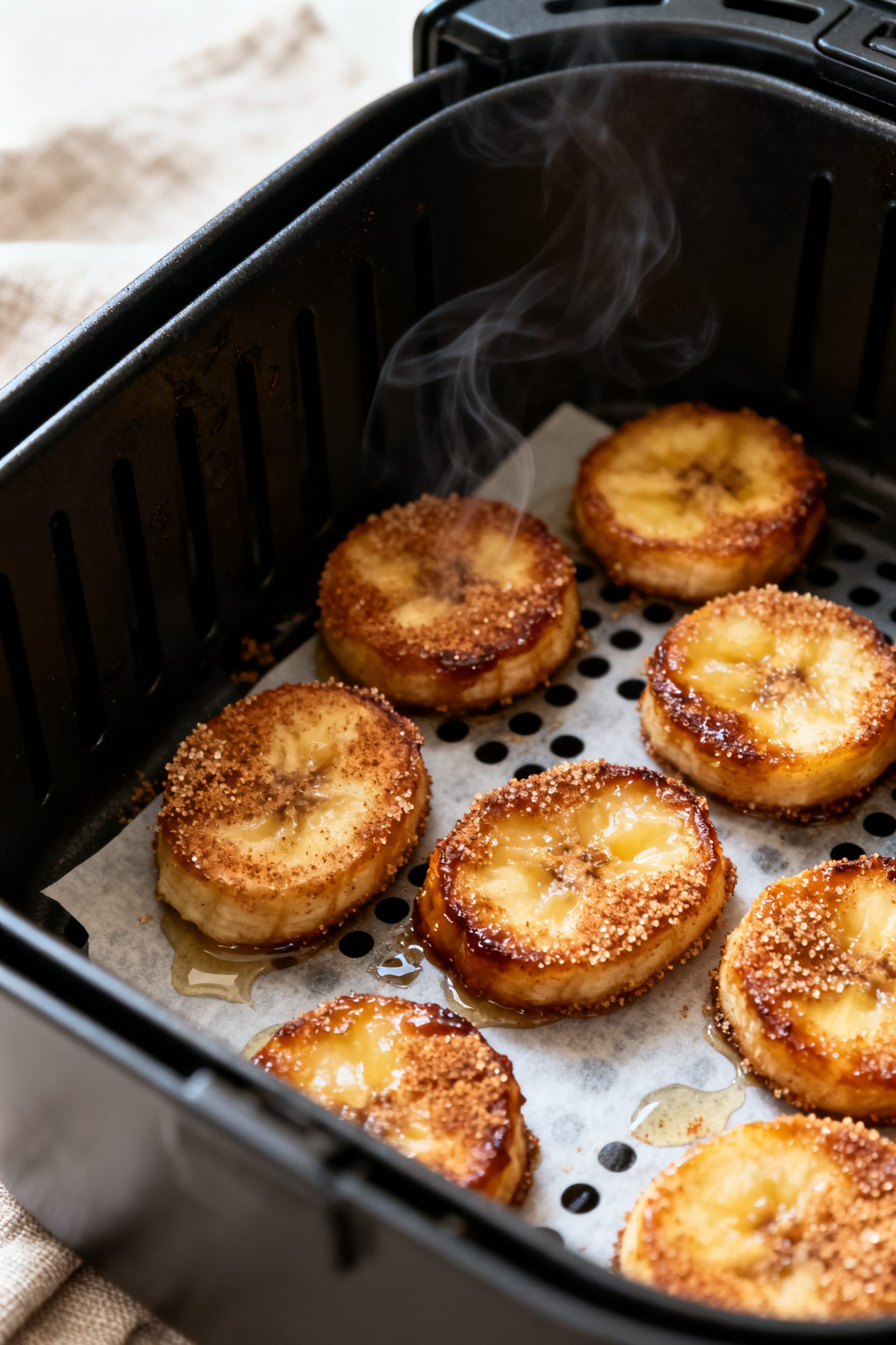 Close-up detail: Air-fried banana coins just out of the basket at 380°F, edges deeply caramelized a